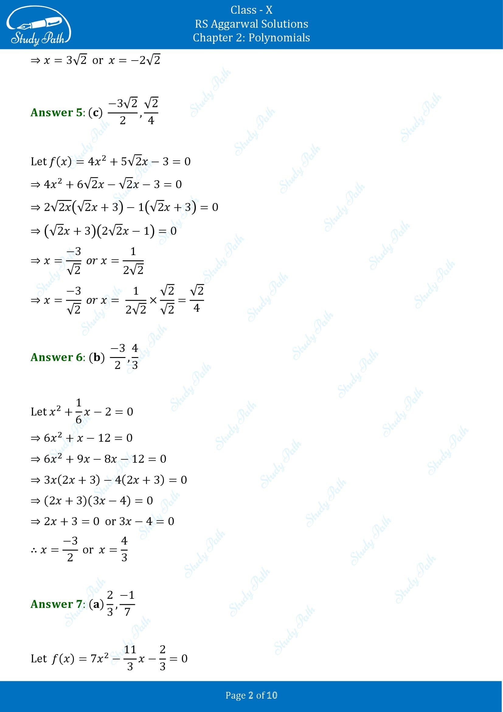 RS Aggarwal Solutions for Class 10 Chapter 2 Polynomials Multiple Choice Questions 00002