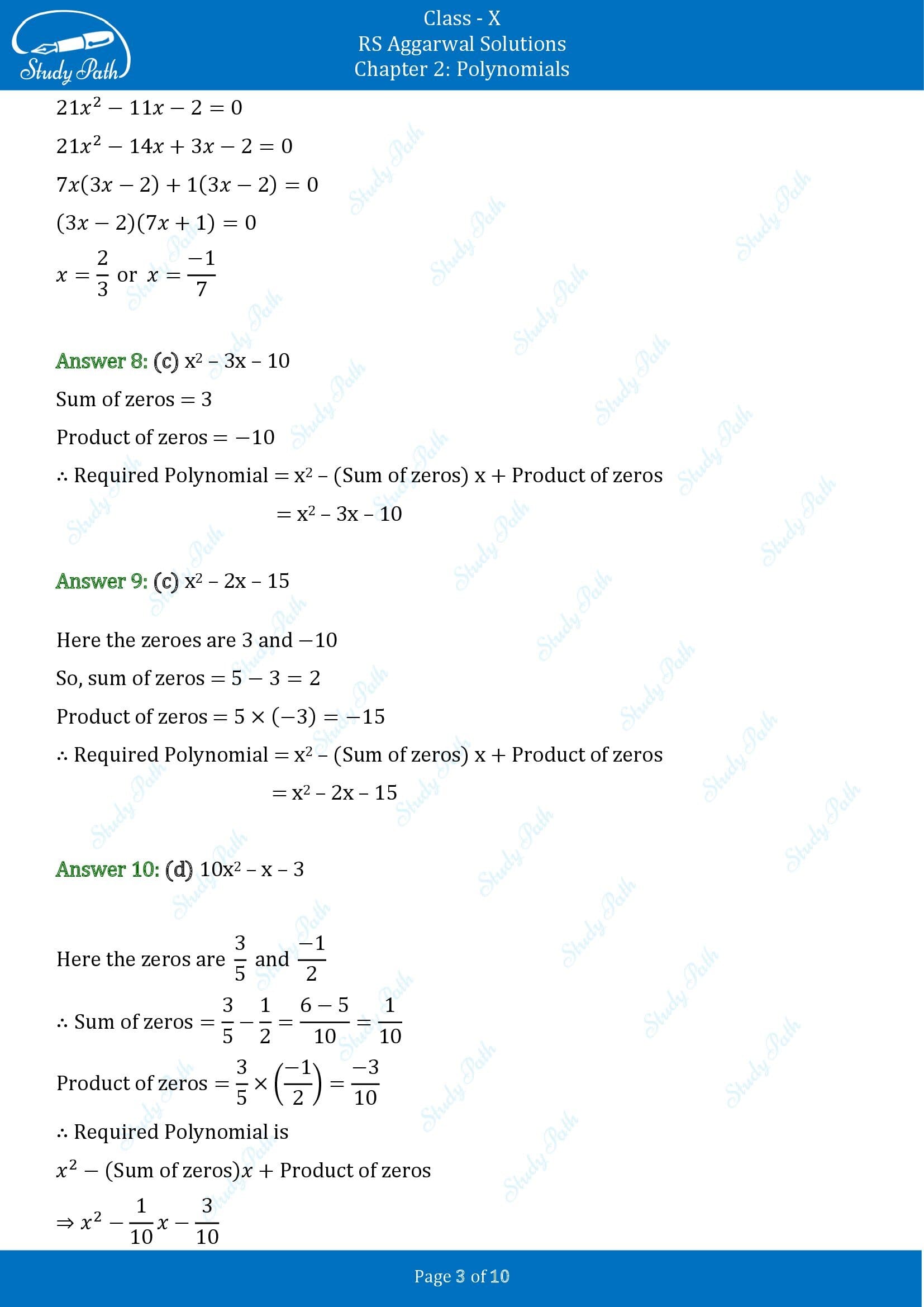 RS Aggarwal Solutions for Class 10 Chapter 2 Polynomials Multiple Choice Questions 00003