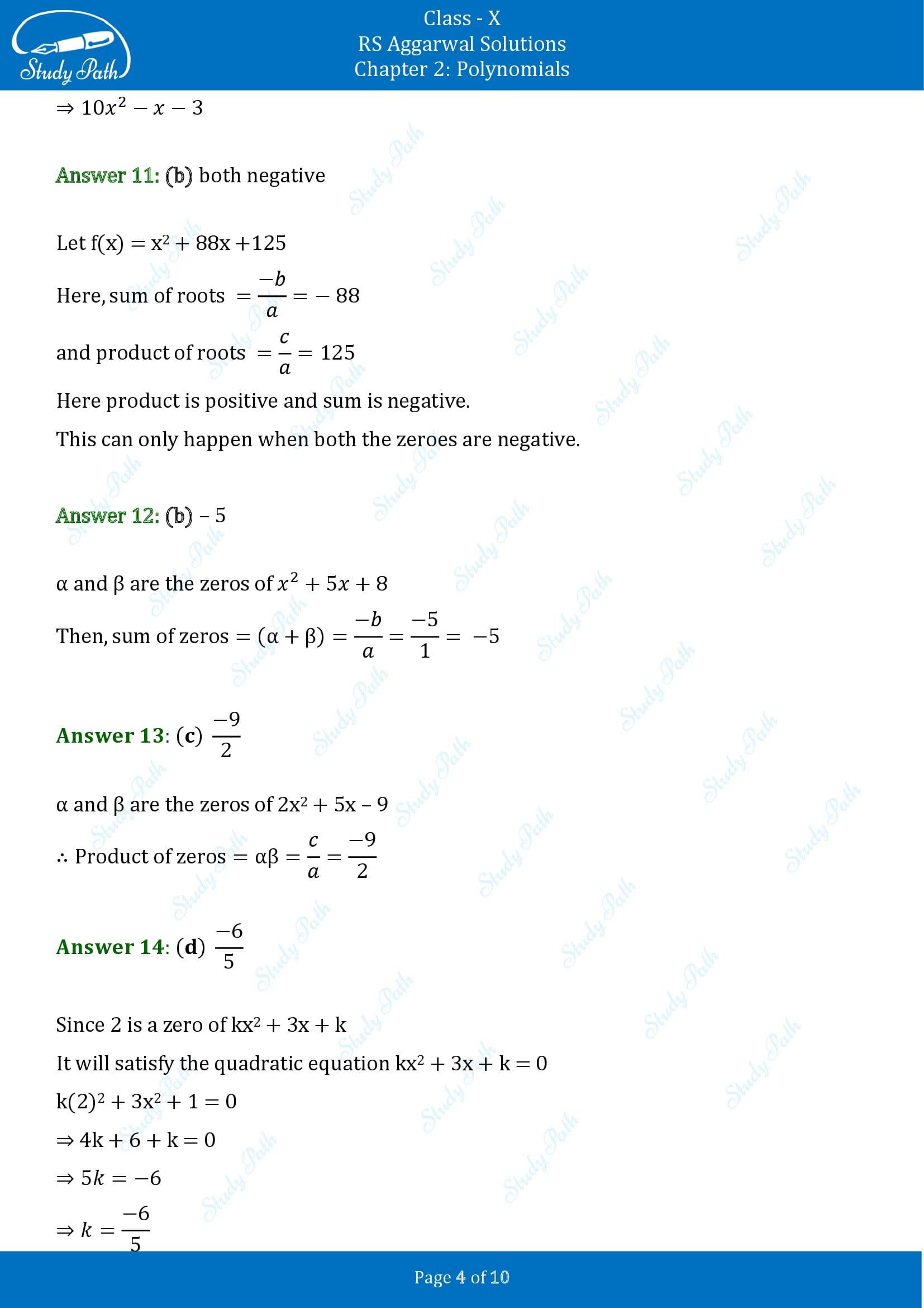 RS Aggarwal Solutions for Class 10 Chapter 2 Polynomials Multiple Choice Questions 00004