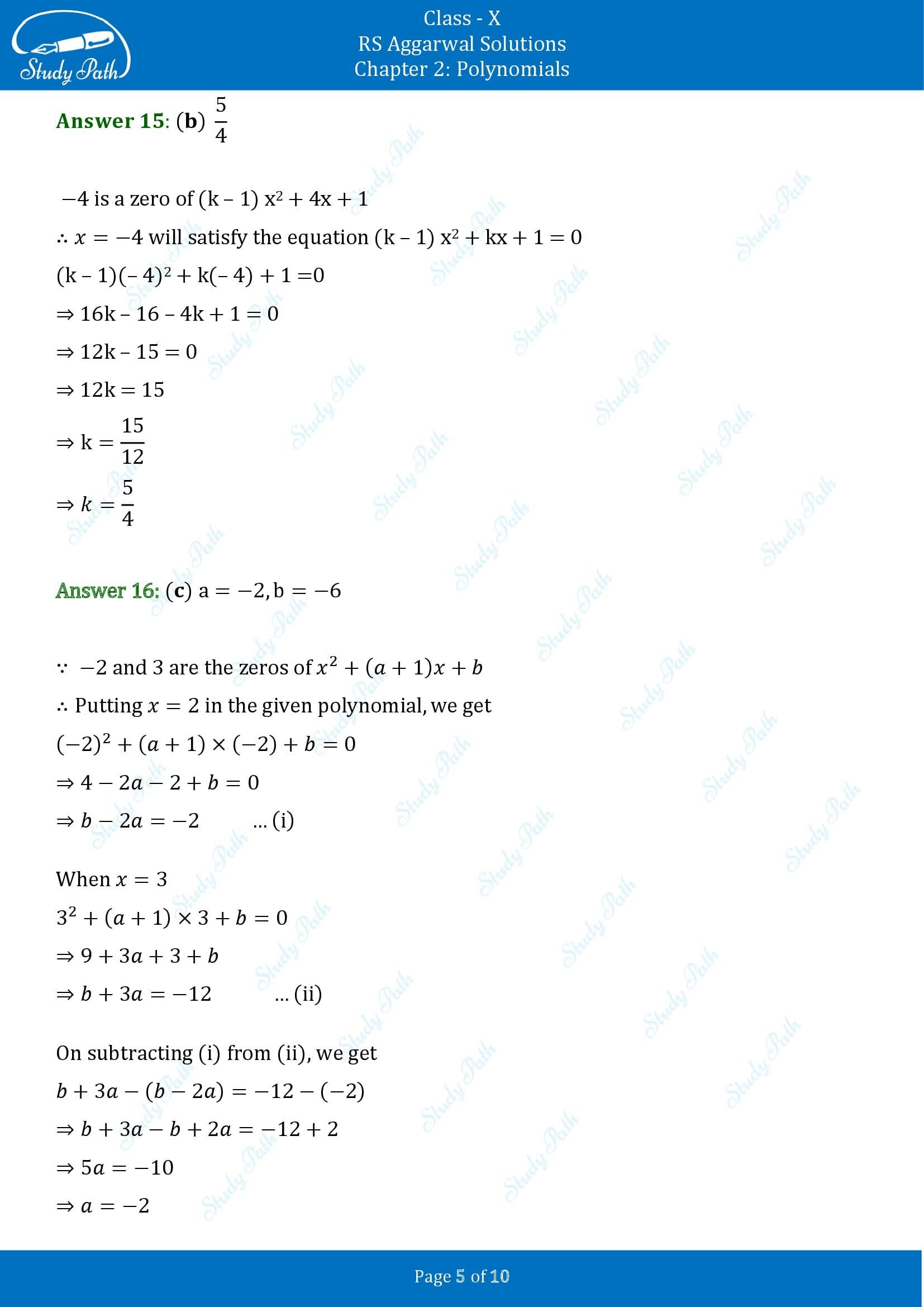 RS Aggarwal Solutions for Class 10 Chapter 2 Polynomials Multiple Choice Questions 00005