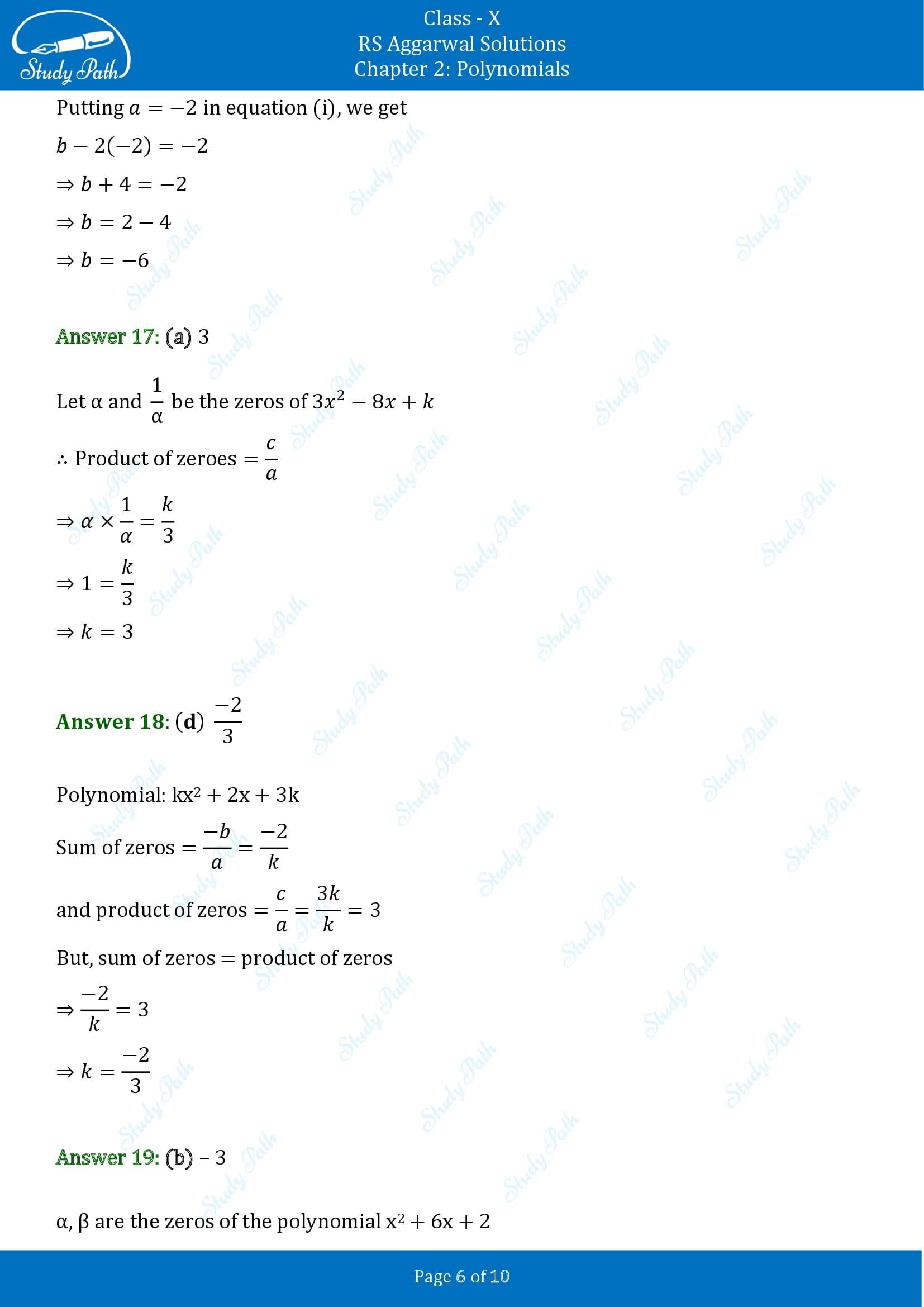 RS Aggarwal Solutions for Class 10 Chapter 2 Polynomials Multiple Choice Questions 00006