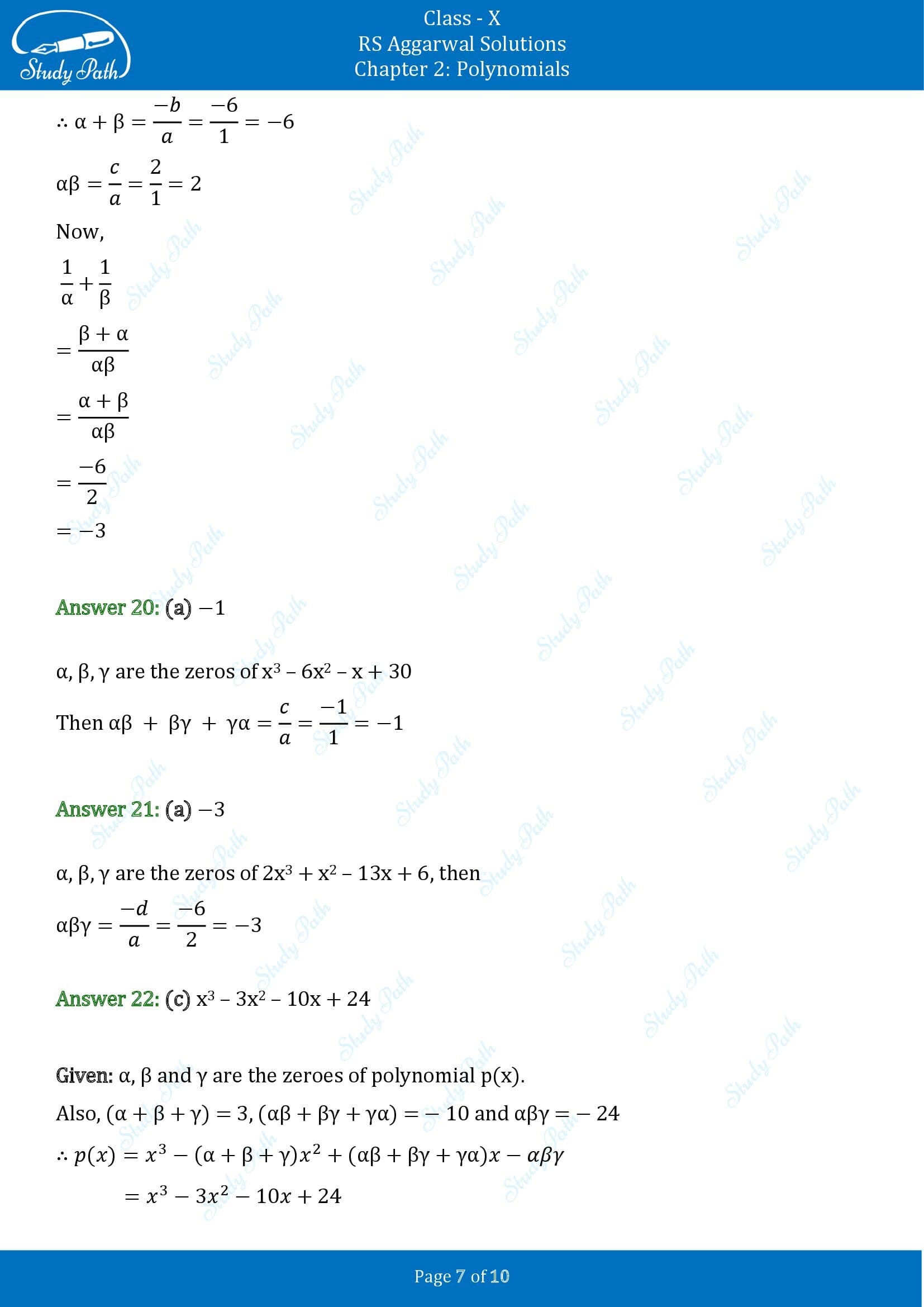 RS Aggarwal Solutions for Class 10 Chapter 2 Polynomials Multiple Choice Questions 00007