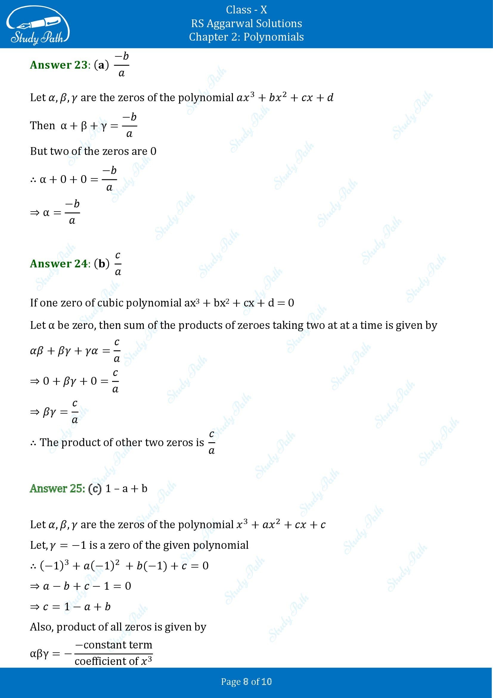 RS Aggarwal Solutions for Class 10 Chapter 2 Polynomials Multiple Choice Questions 00008