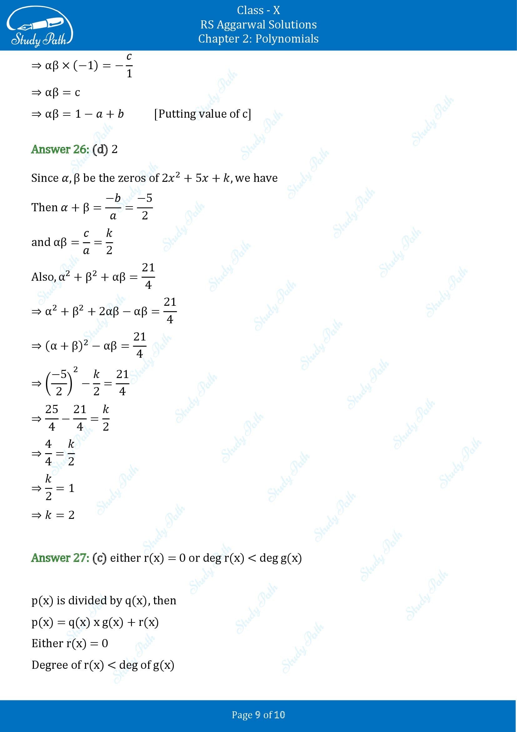 RS Aggarwal Solutions for Class 10 Chapter 2 Polynomials Multiple Choice Questions 00009