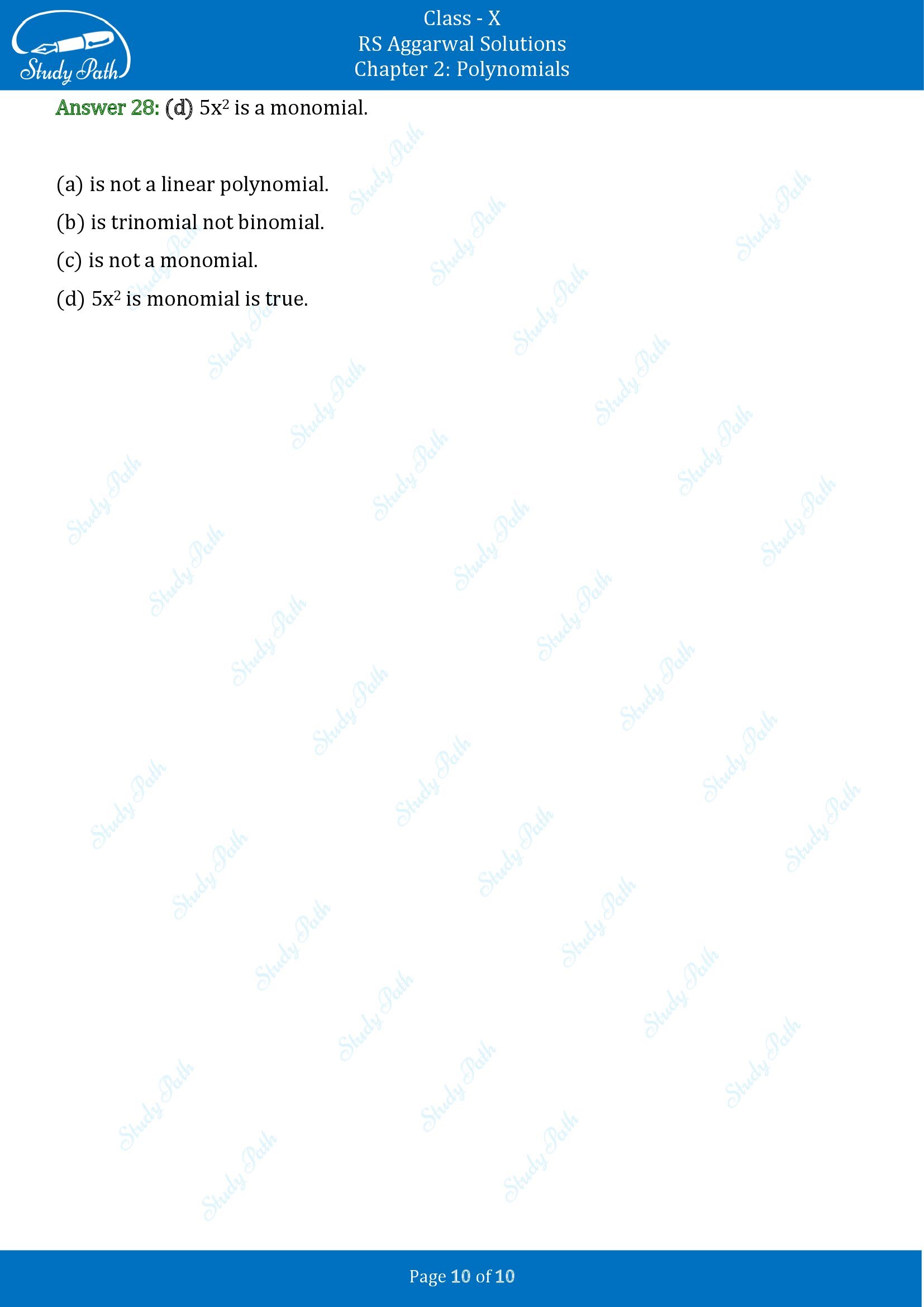 RS Aggarwal Solutions for Class 10 Chapter 2 Polynomials Multiple Choice Questions 00010