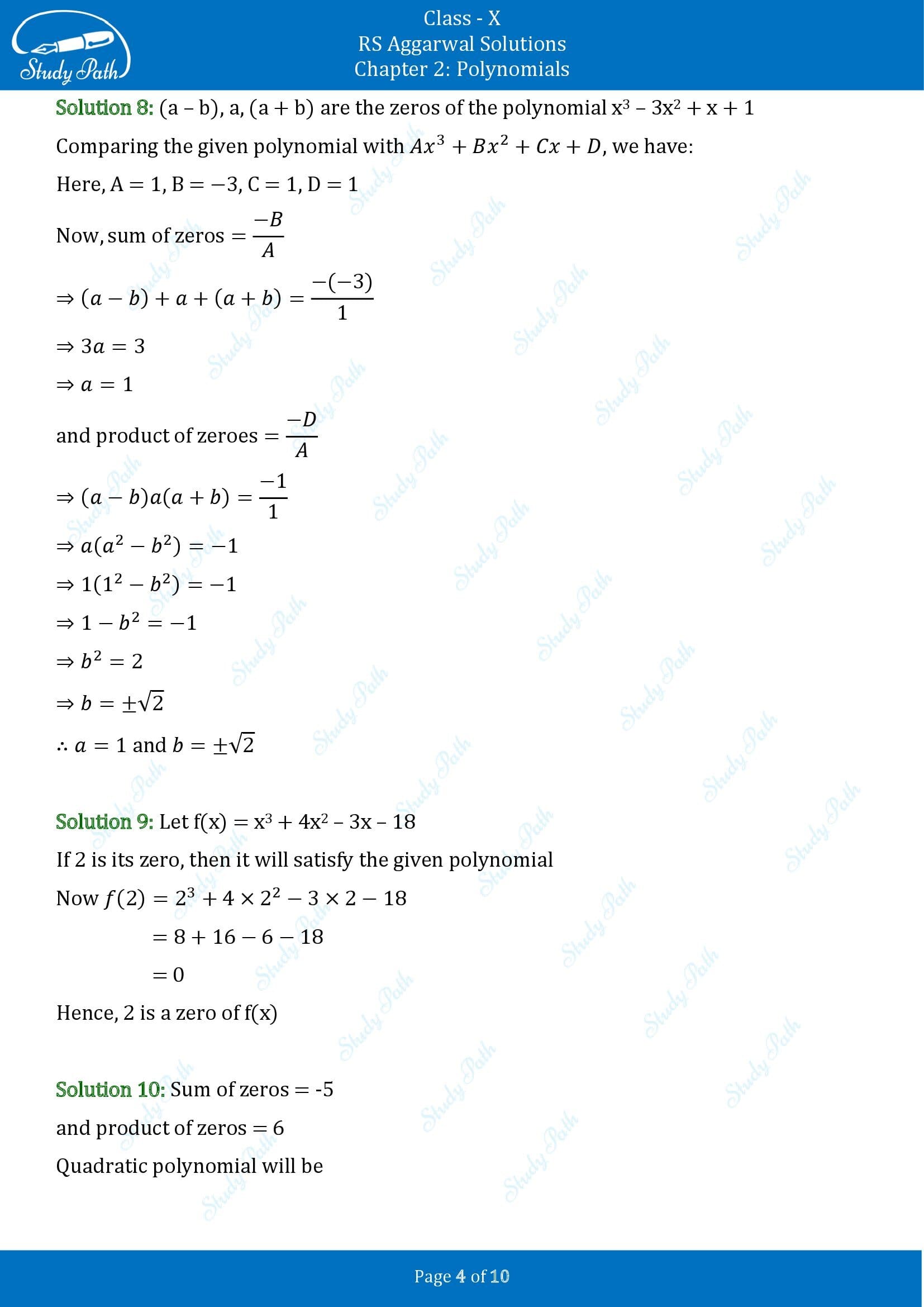 RS Aggarwal Solutions for Class 10 Chapter 2 Polynomials Test Yourself 00004