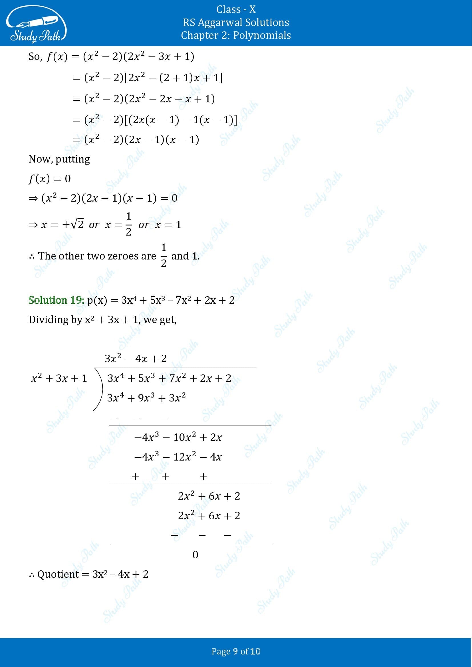 RS Aggarwal Solutions for Class 10 Chapter 2 Polynomials Test Yourself 00009