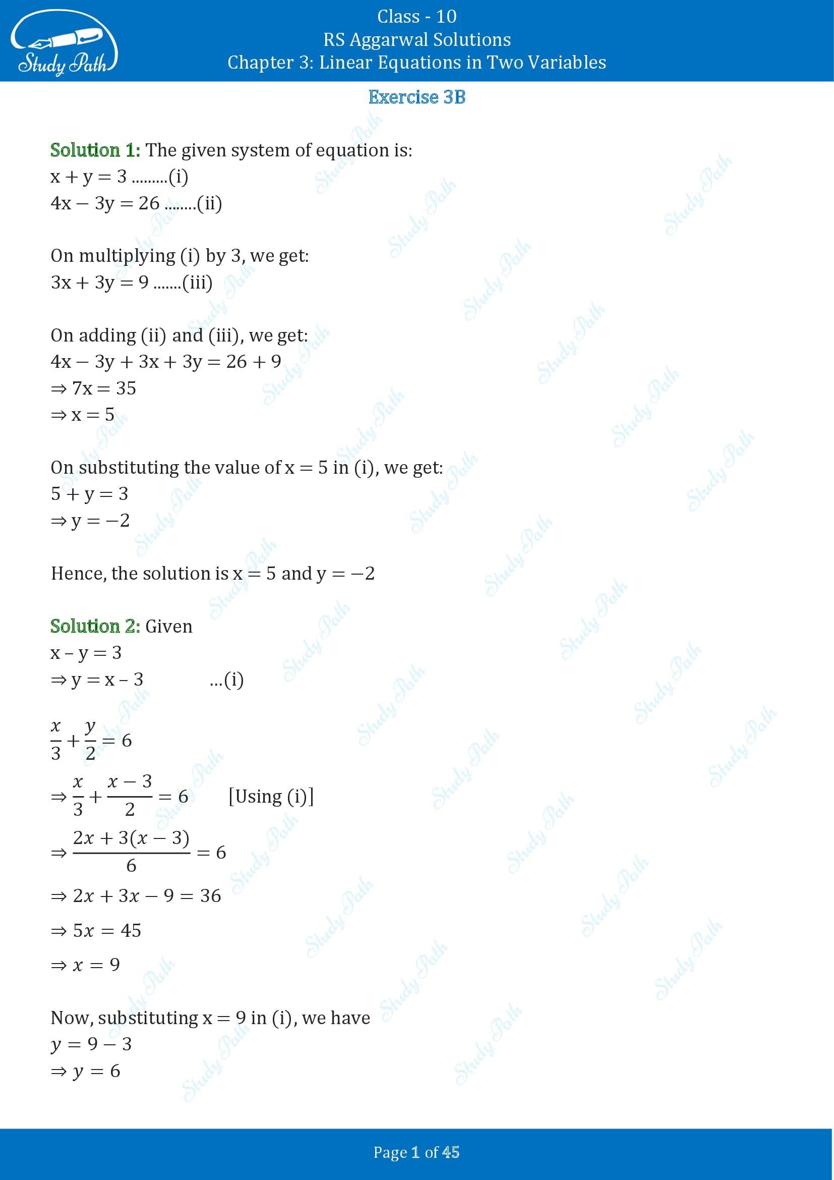 RS Aggarwal Solutions for Class 10 Chapter 3 Linear Equations in Two Variables Exercise 3B 00001