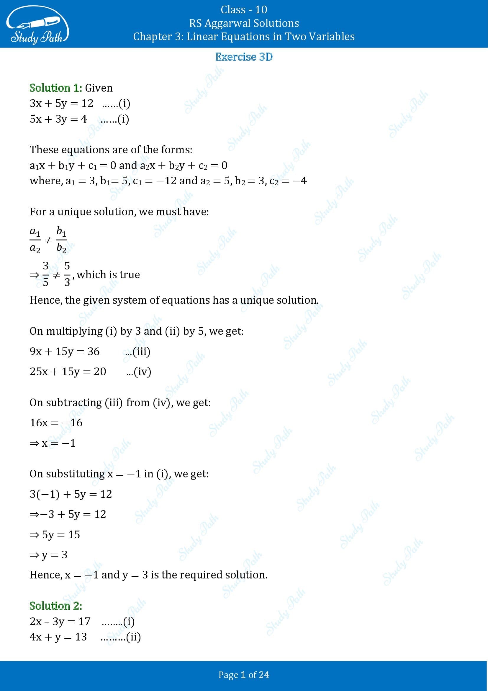 RS Aggarwal Solutions for Class 10 Chapter 3 Linear Equations in Two Variables Exercise 3D 00001