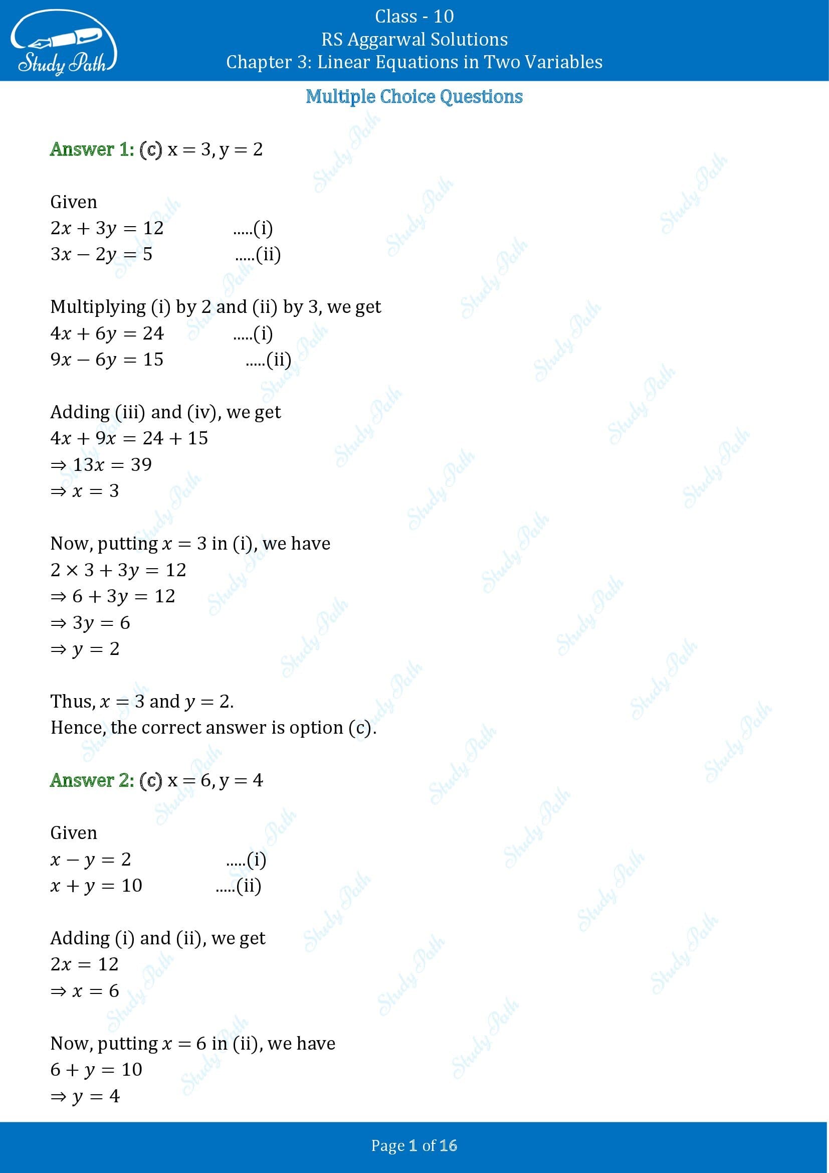 RS Aggarwal Solutions for Class 10 Chapter 3 Linear Equations in Two Variables Multiple Choice Questions 00001