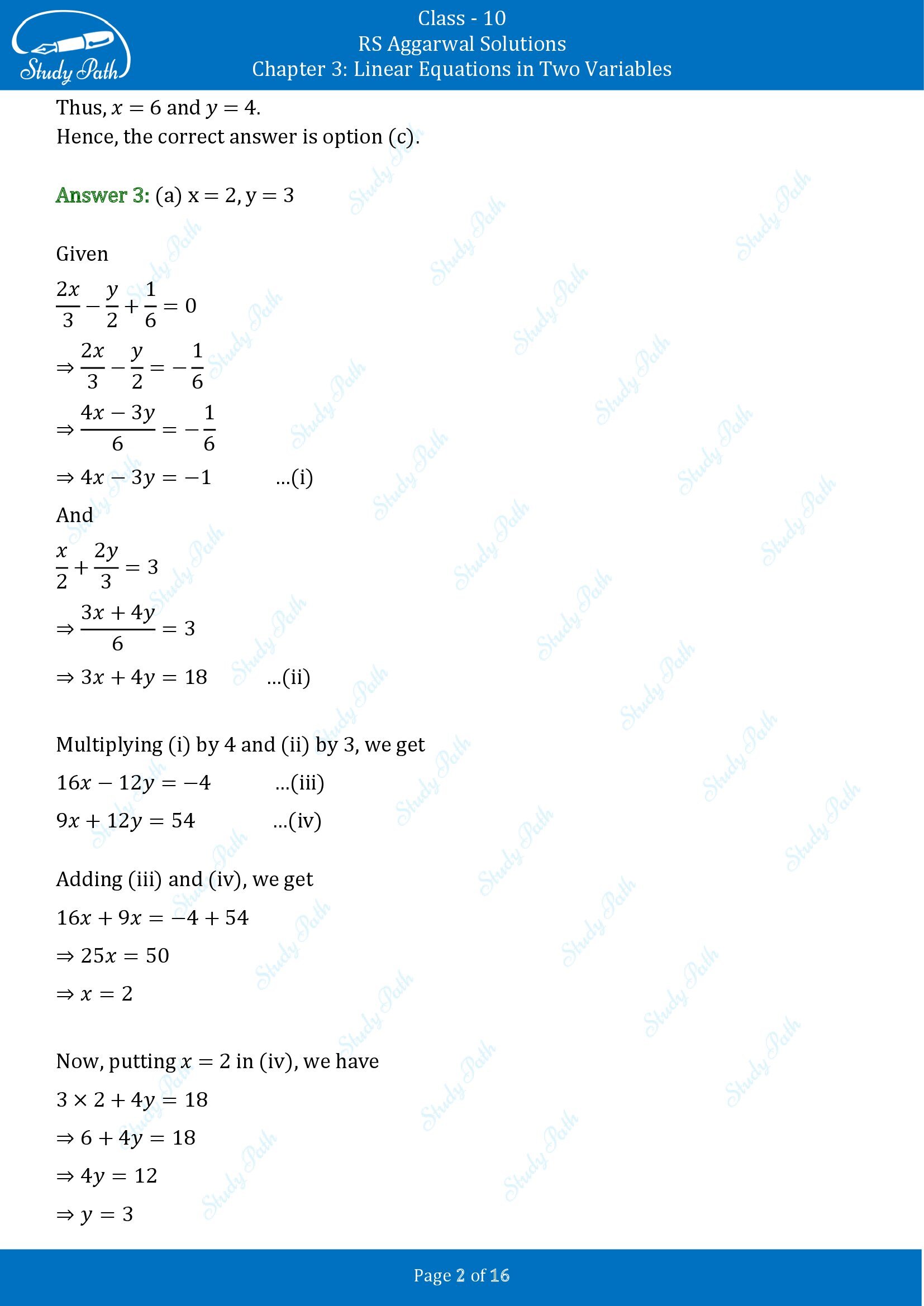 RS Aggarwal Solutions for Class 10 Chapter 3 Linear Equations in Two Variables Multiple Choice Questions 00002