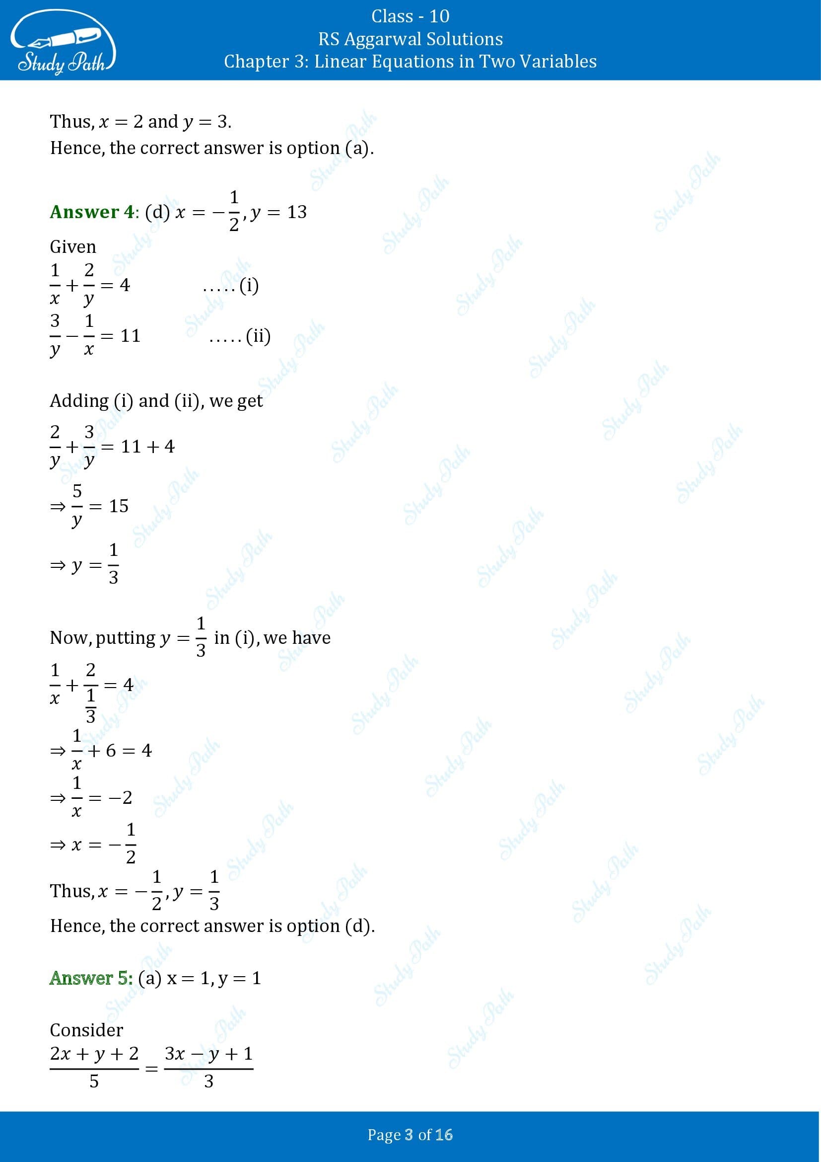 RS Aggarwal Solutions for Class 10 Chapter 3 Linear Equations in Two Variables Multiple Choice Questions 00003