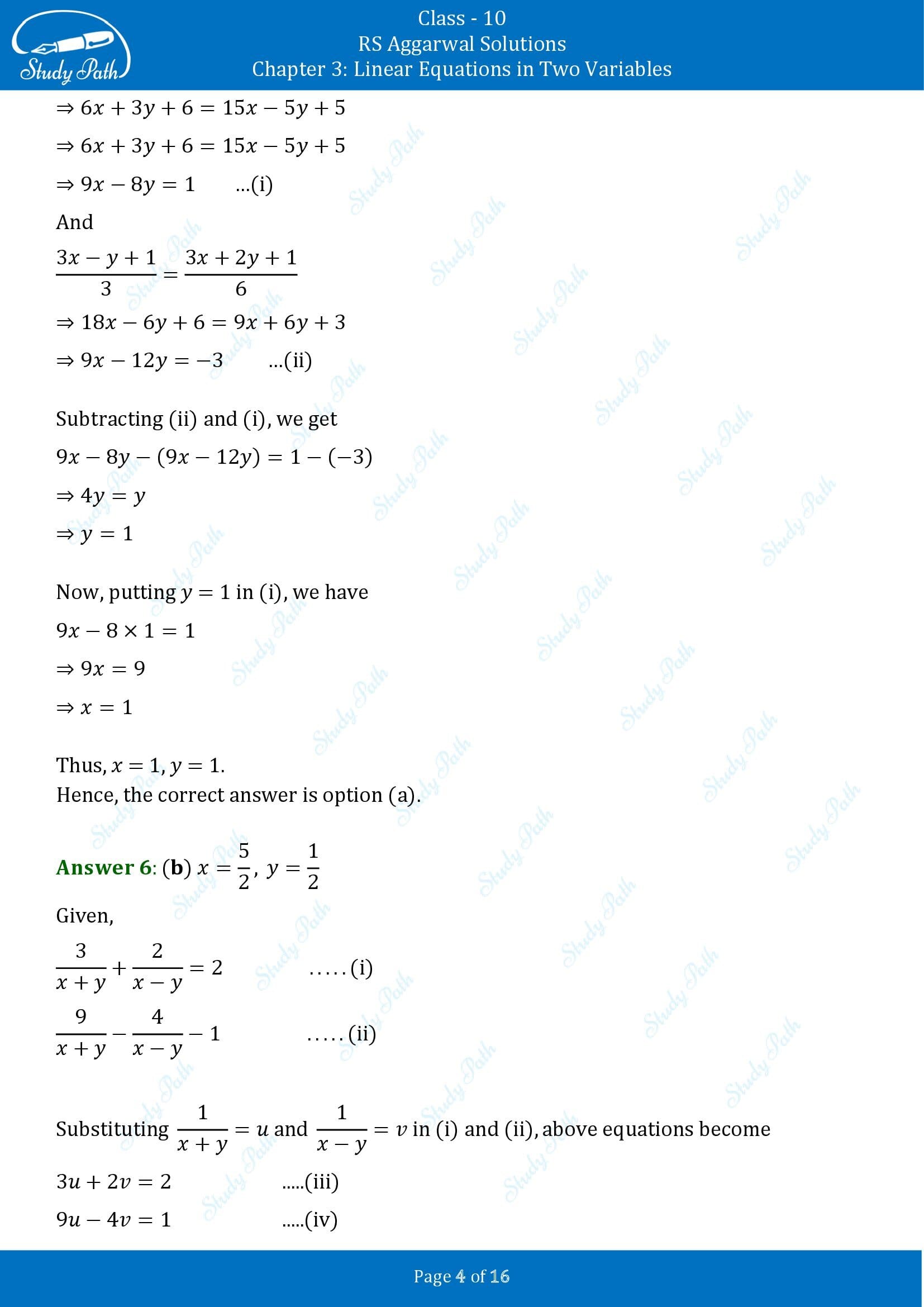 RS Aggarwal Solutions for Class 10 Chapter 3 Linear Equations in Two Variables Multiple Choice Questions 00004