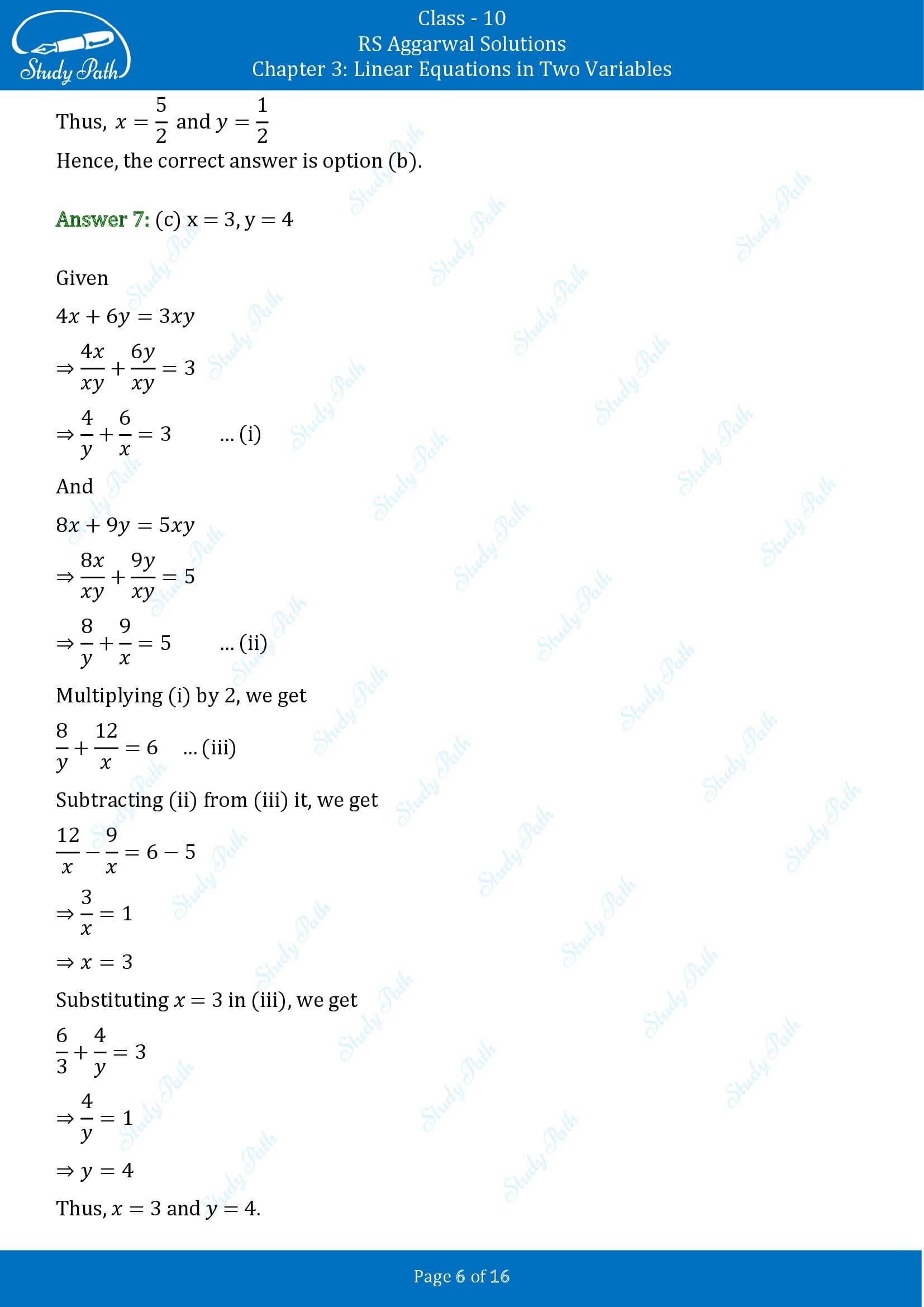 RS Aggarwal Solutions for Class 10 Chapter 3 Linear Equations in Two Variables Multiple Choice Questions 00006