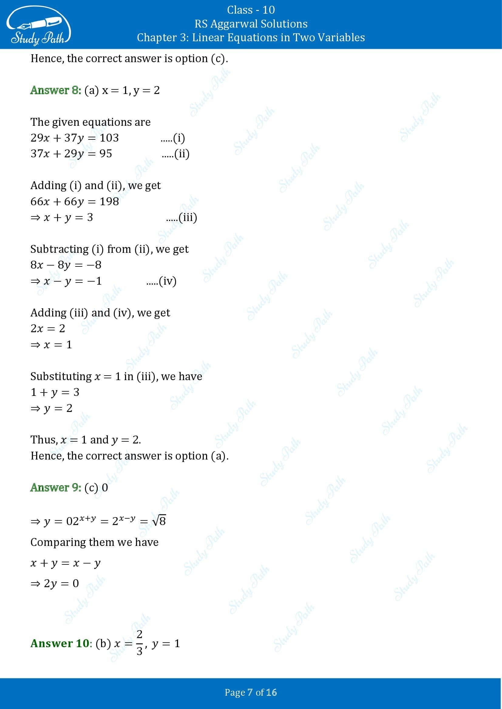 RS Aggarwal Solutions for Class 10 Chapter 3 Linear Equations in Two Variables Multiple Choice Questions 00007