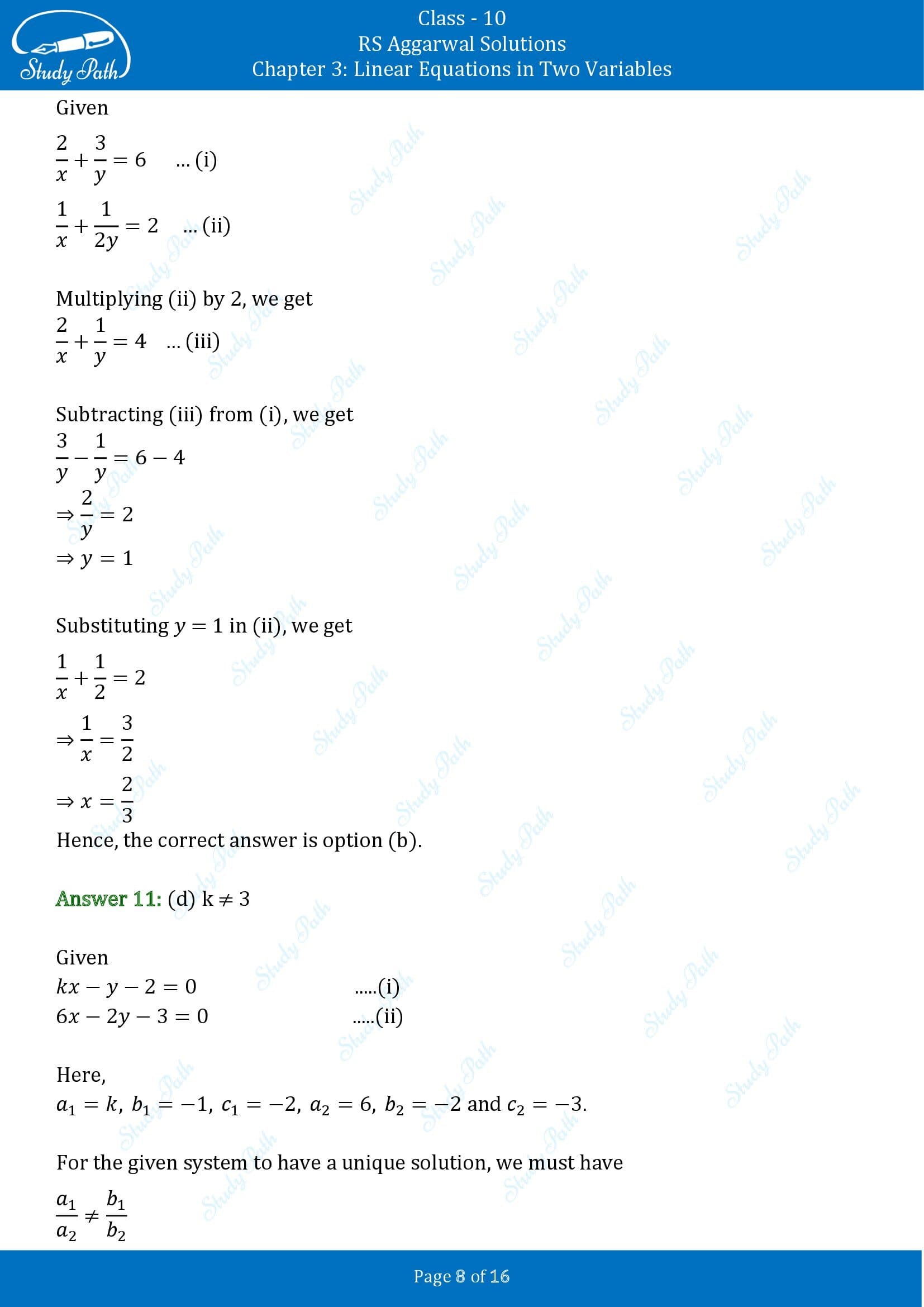 RS Aggarwal Solutions for Class 10 Chapter 3 Linear Equations in Two Variables Multiple Choice Questions 00008