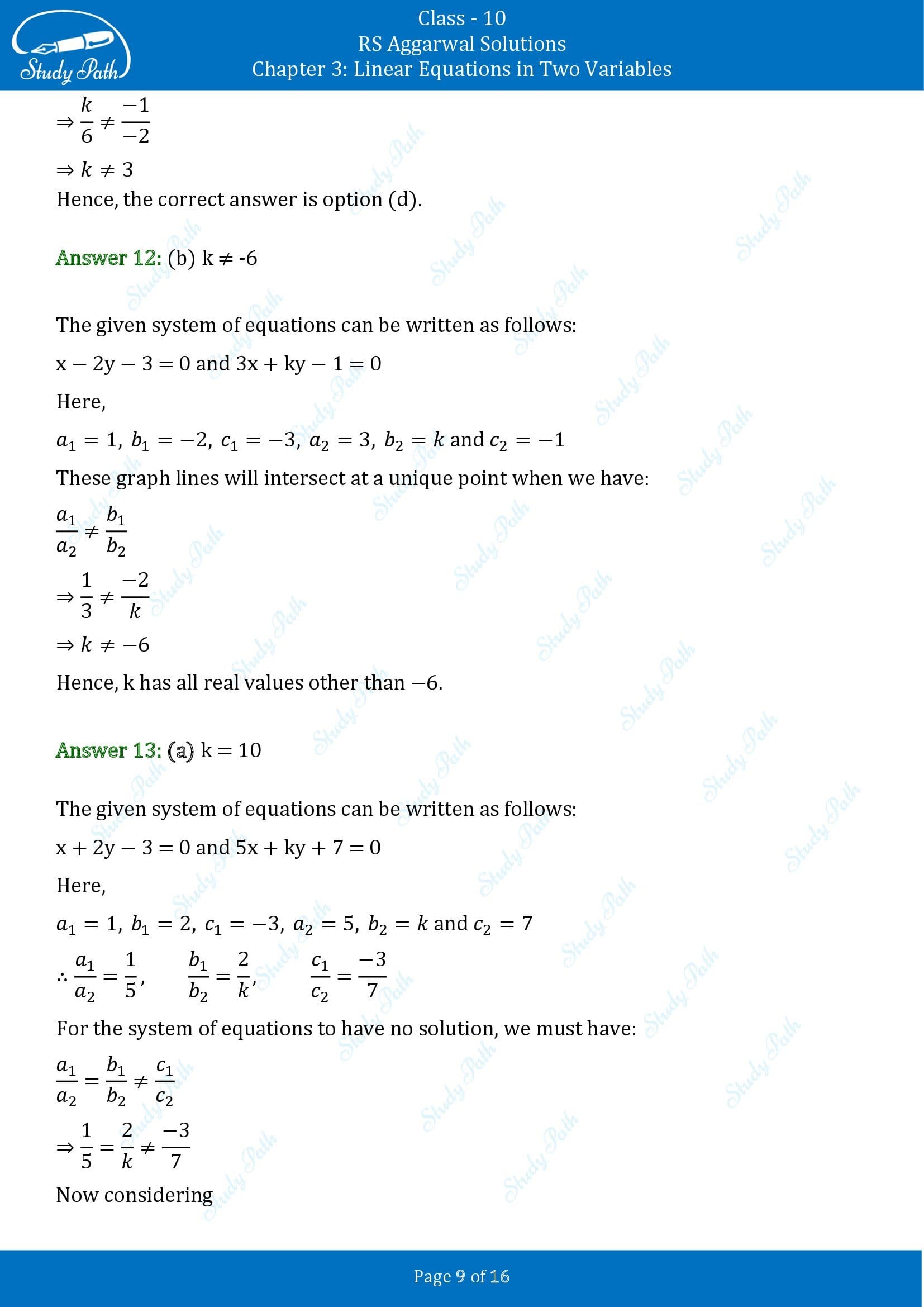 RS Aggarwal Solutions for Class 10 Chapter 3 Linear Equations in Two Variables Multiple Choice Questions 00009