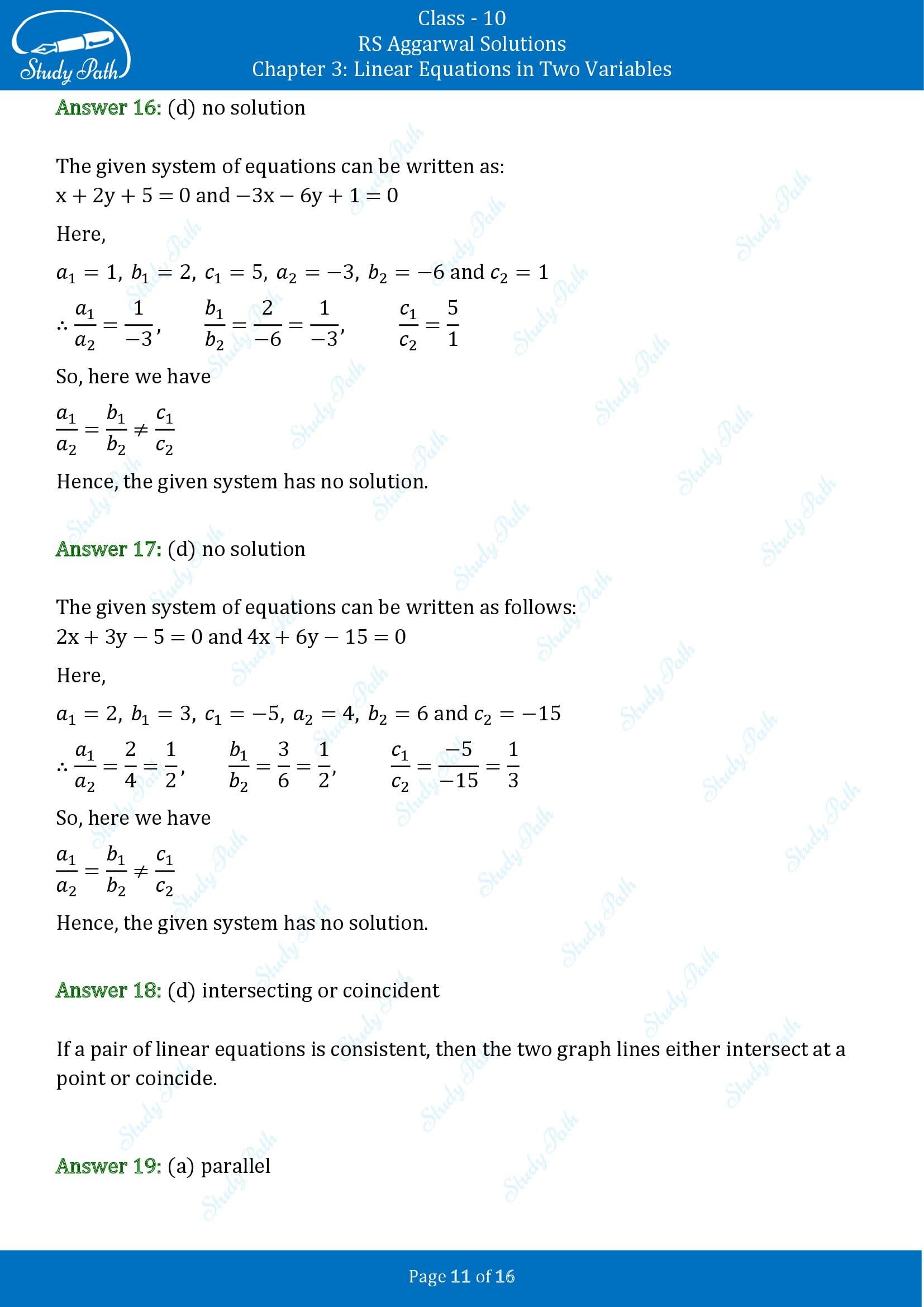 RS Aggarwal Solutions for Class 10 Chapter 3 Linear Equations in Two Variables Multiple Choice Questions 00011