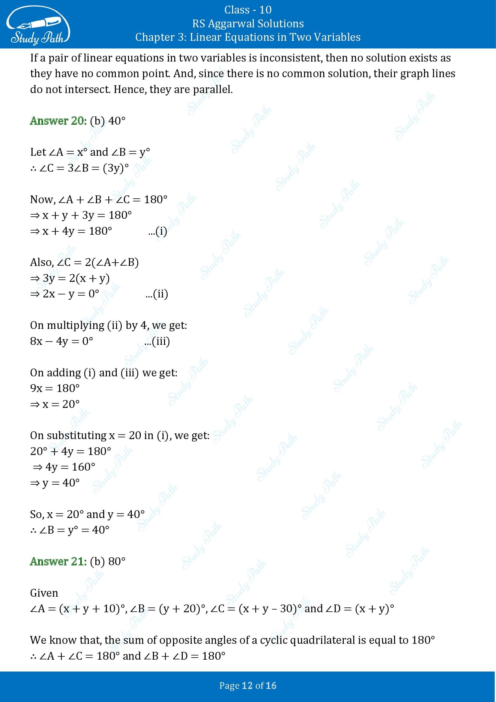 RS Aggarwal Solutions for Class 10 Chapter 3 Linear Equations in Two Variables Multiple Choice Questions 00012