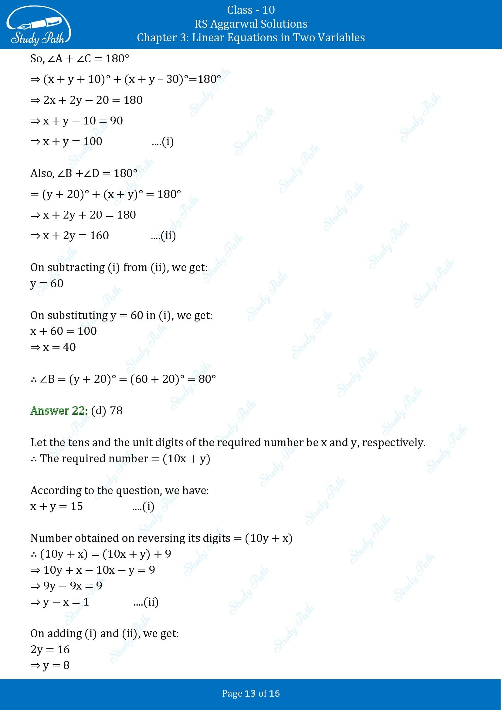 RS Aggarwal Solutions for Class 10 Chapter 3 Linear Equations in Two Variables Multiple Choice Questions 00013