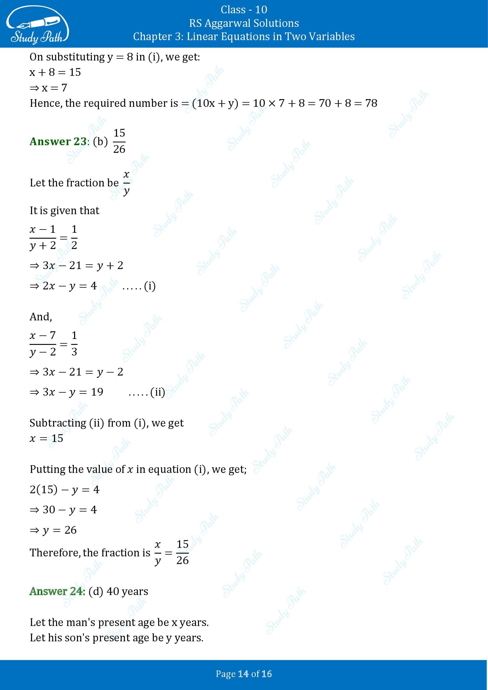 RS Aggarwal Solutions for Class 10 Chapter 3 Linear Equations in Two Variables Multiple Choice Questions 00014