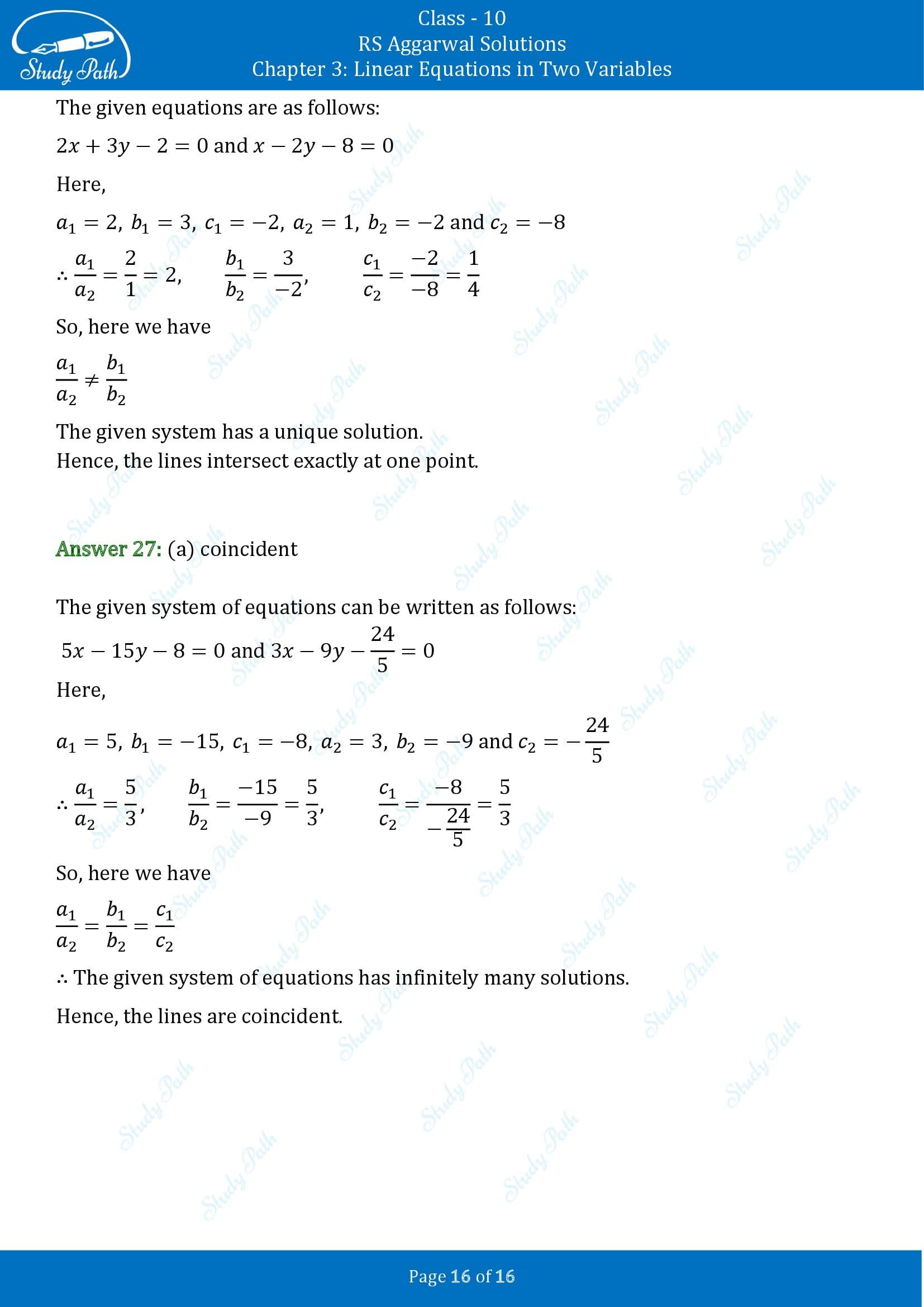 RS Aggarwal Solutions for Class 10 Chapter 3 Linear Equations in Two Variables Multiple Choice Questions 00016