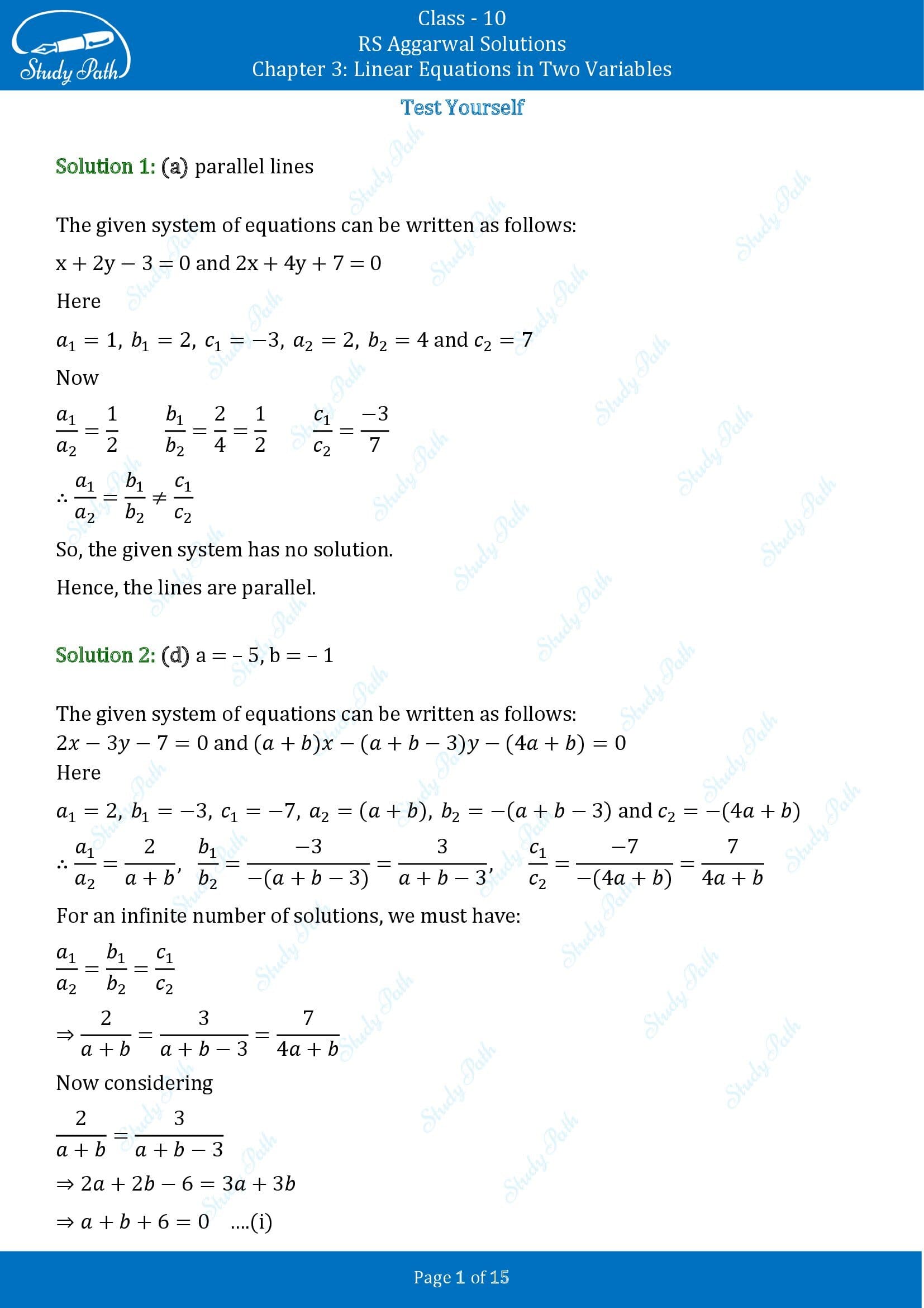 RS Aggarwal Solutions for Class 10 Chapter 3 Linear Equations in Two Variables Test Yourself 00001