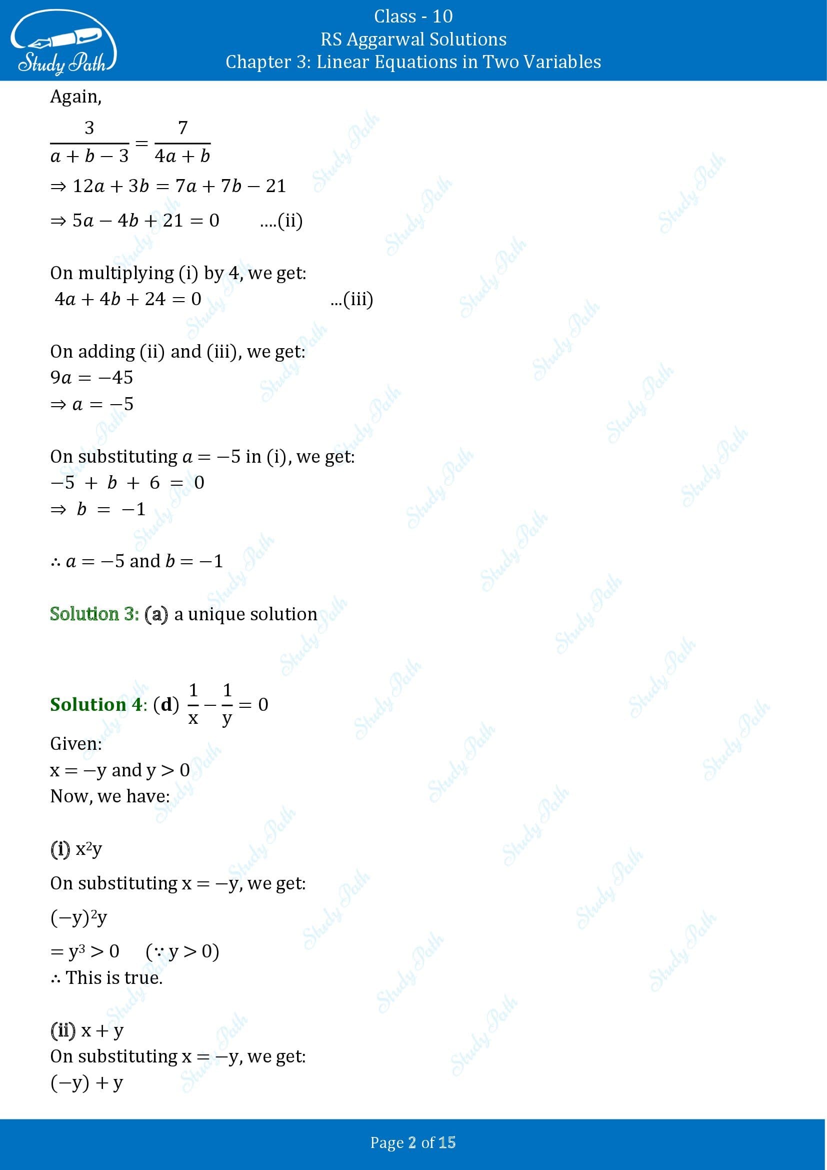 RS Aggarwal Solutions for Class 10 Chapter 3 Linear Equations in Two Variables Test Yourself 00002