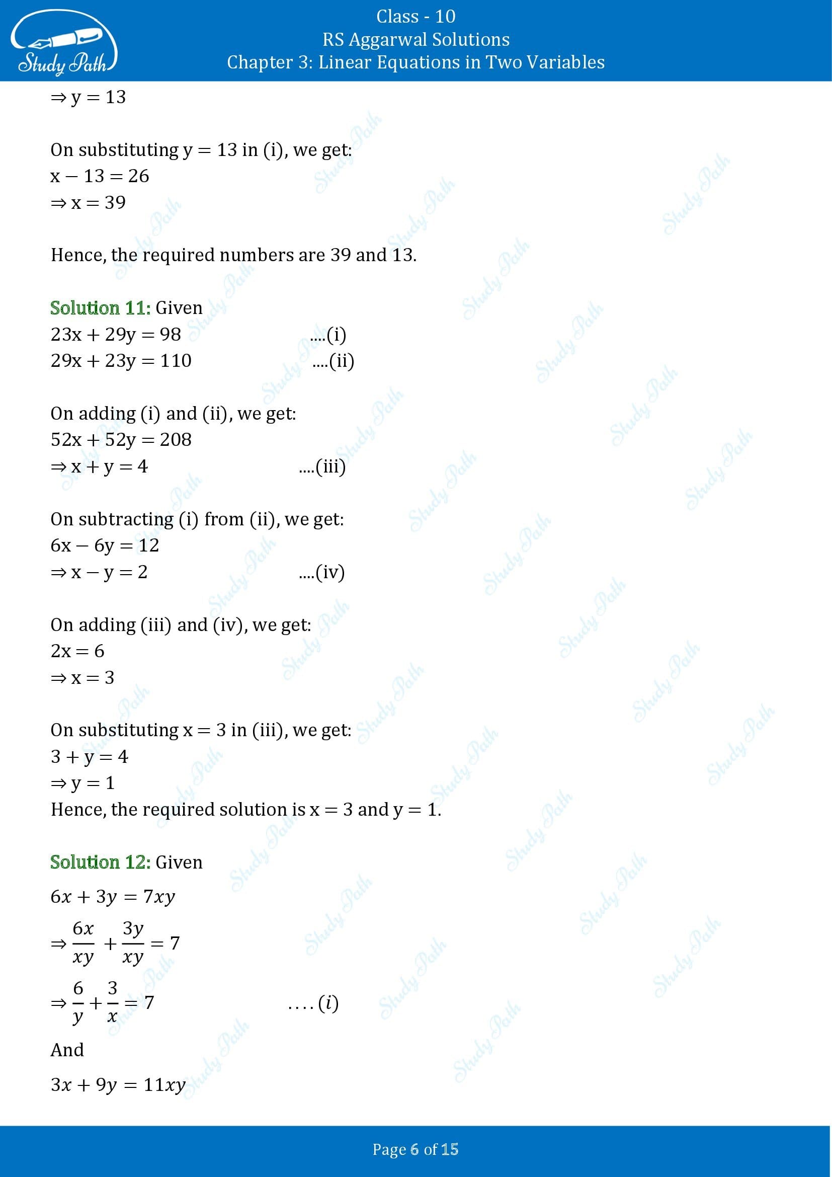 RS Aggarwal Solutions for Class 10 Chapter 3 Linear Equations in Two Variables Test Yourself 00006