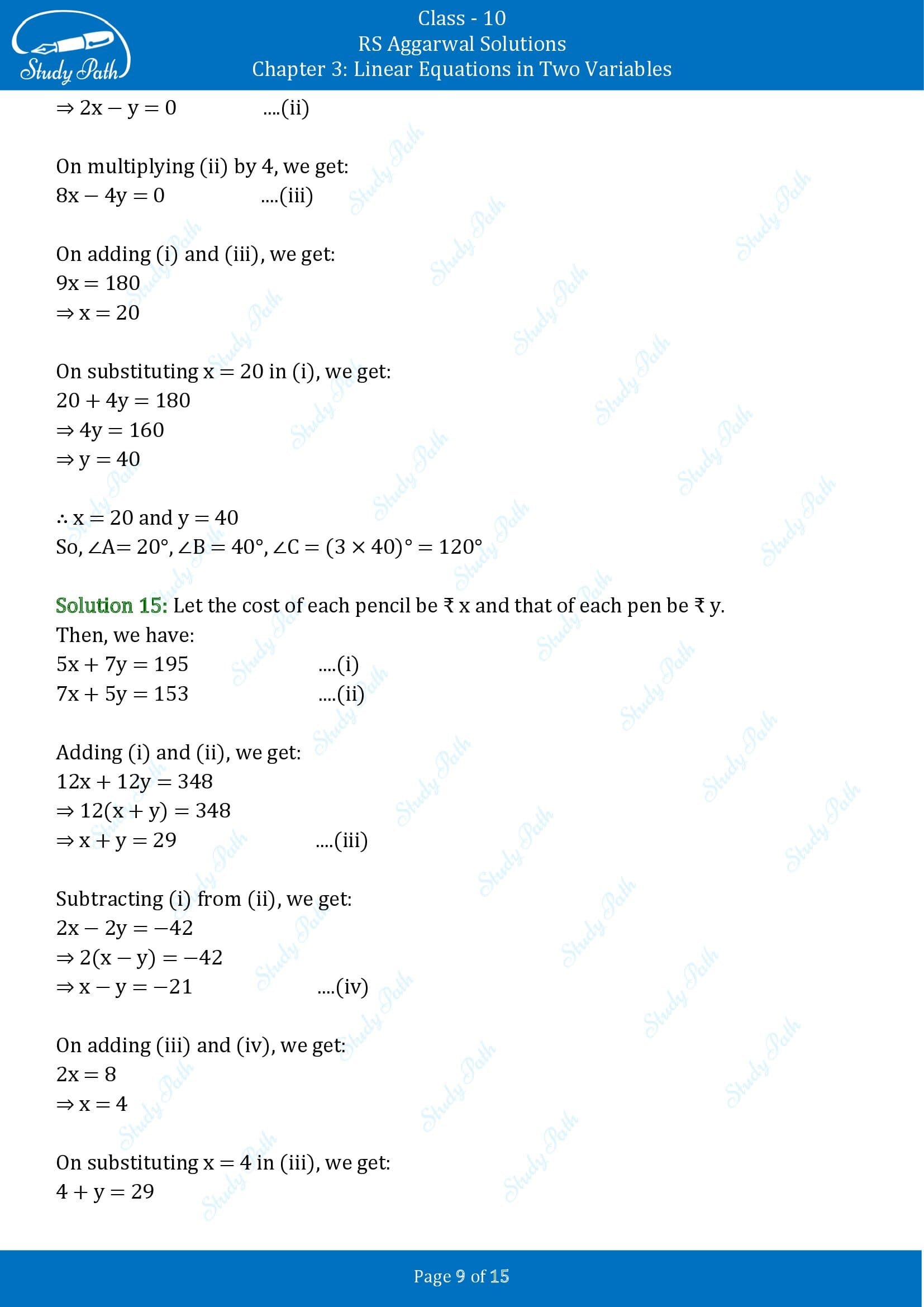 RS Aggarwal Solutions for Class 10 Chapter 3 Linear Equations in Two Variables Test Yourself 00009