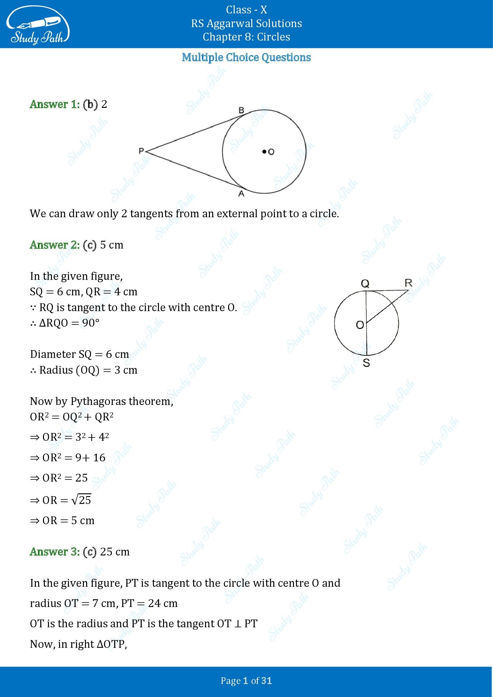 RS Aggarwal Solutions for Class 10 Chapter 8 Circles Multiple Choice Questions 8 00001