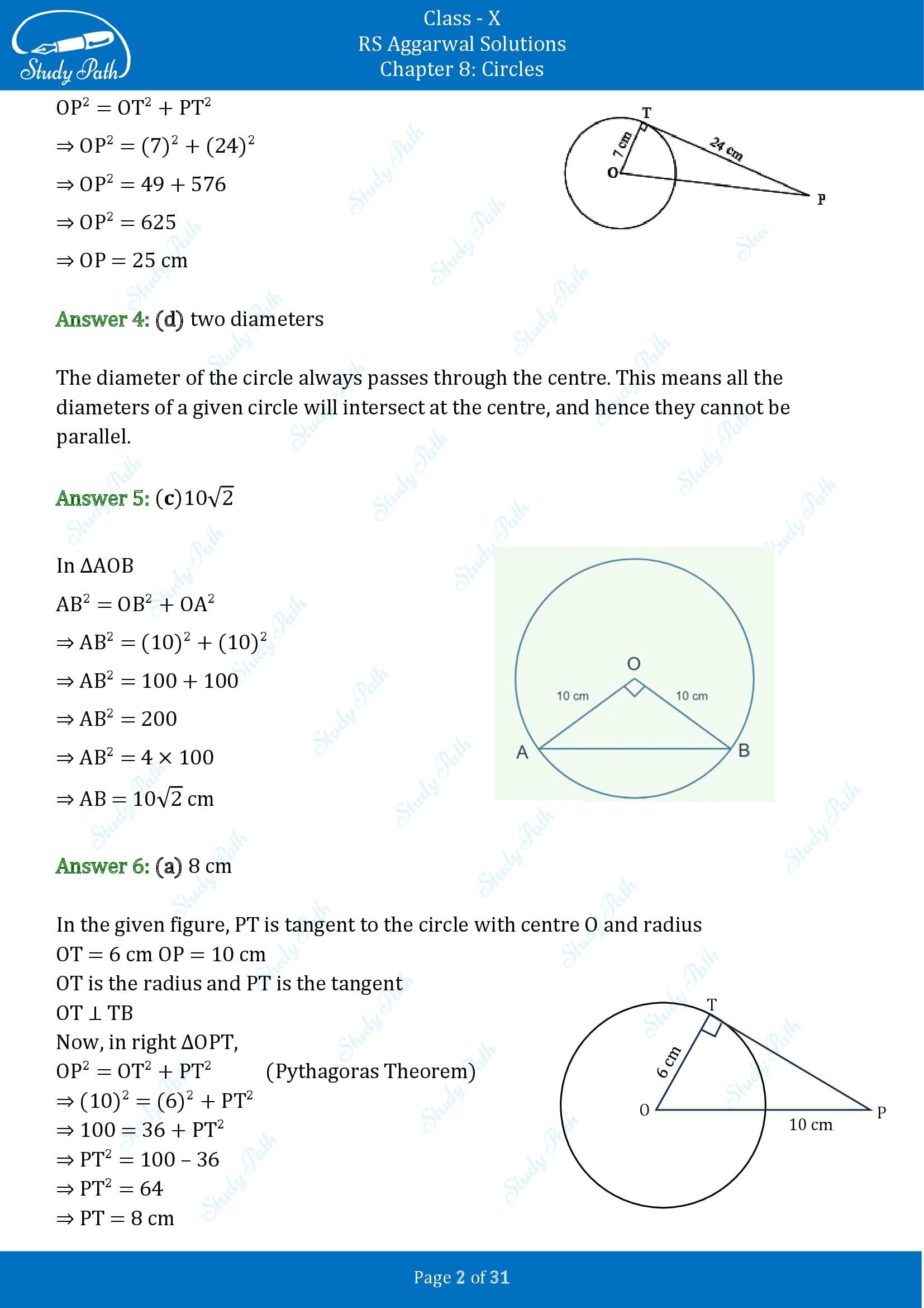 RS Aggarwal Solutions for Class 10 Chapter 8 Circles Multiple Choice Questions 8 00002