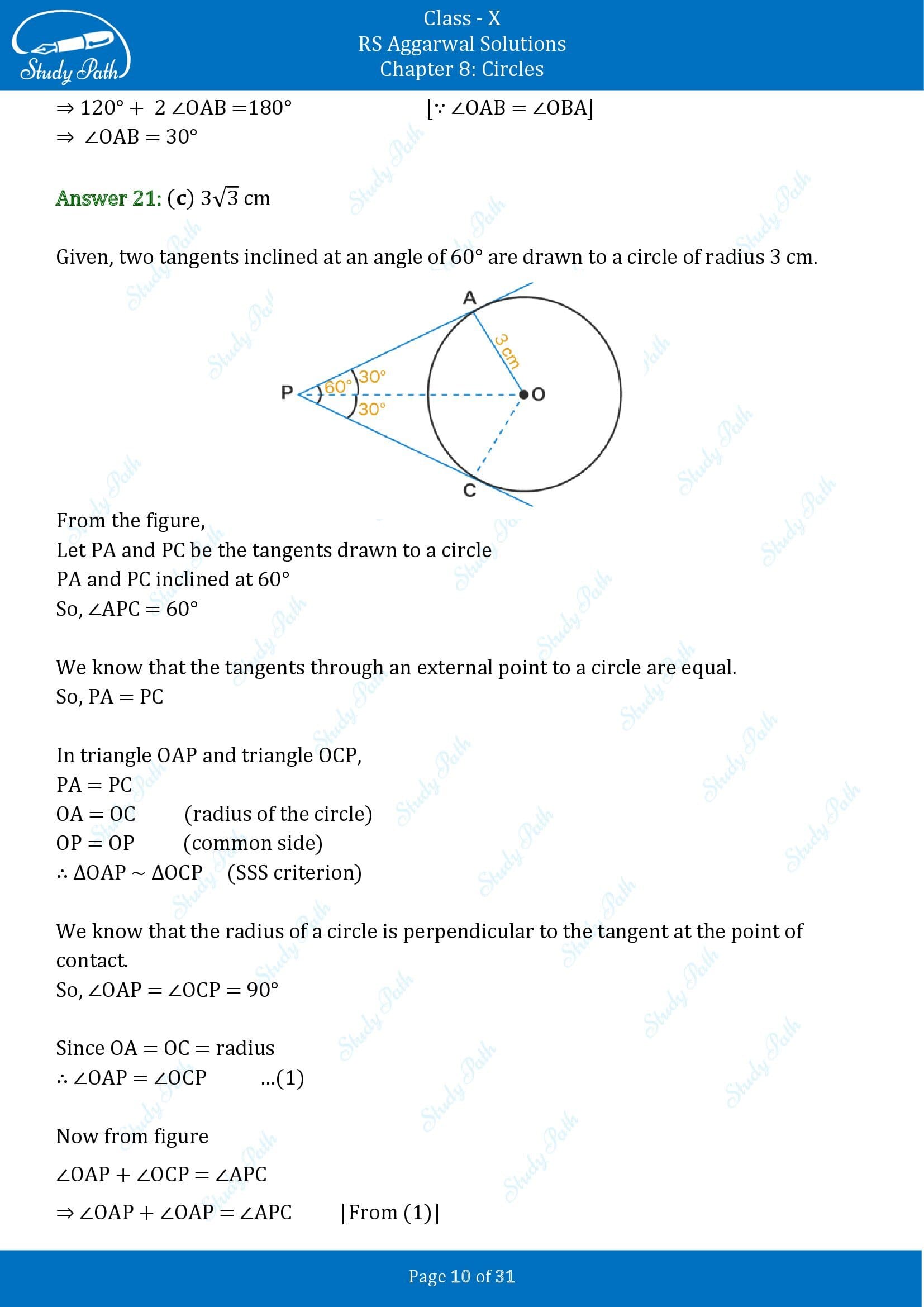 RS Aggarwal Solutions for Class 10 Chapter 8 Circles Multiple Choice Questions 8 00010