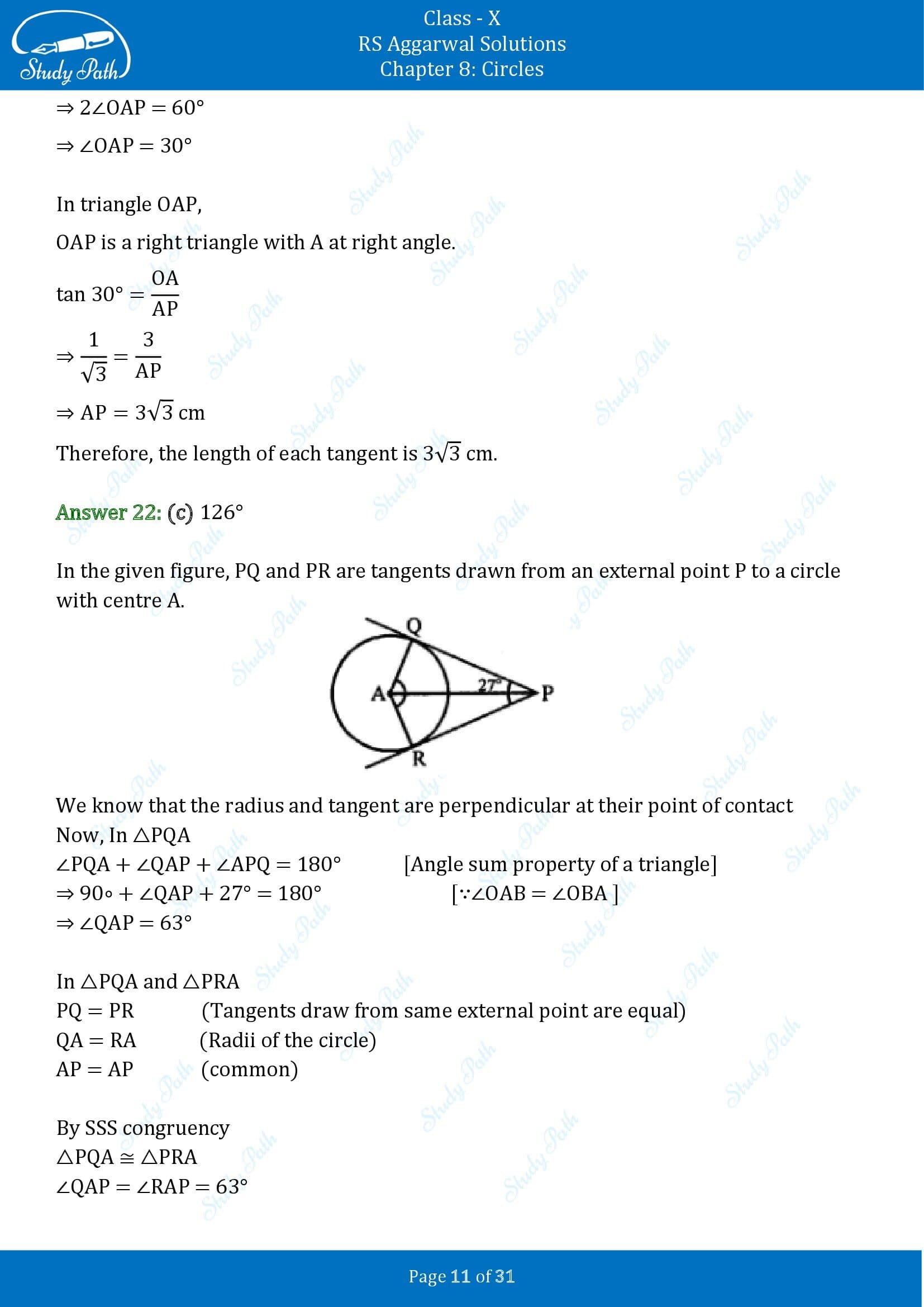 RS Aggarwal Solutions for Class 10 Chapter 8 Circles Multiple Choice Questions 8 00011