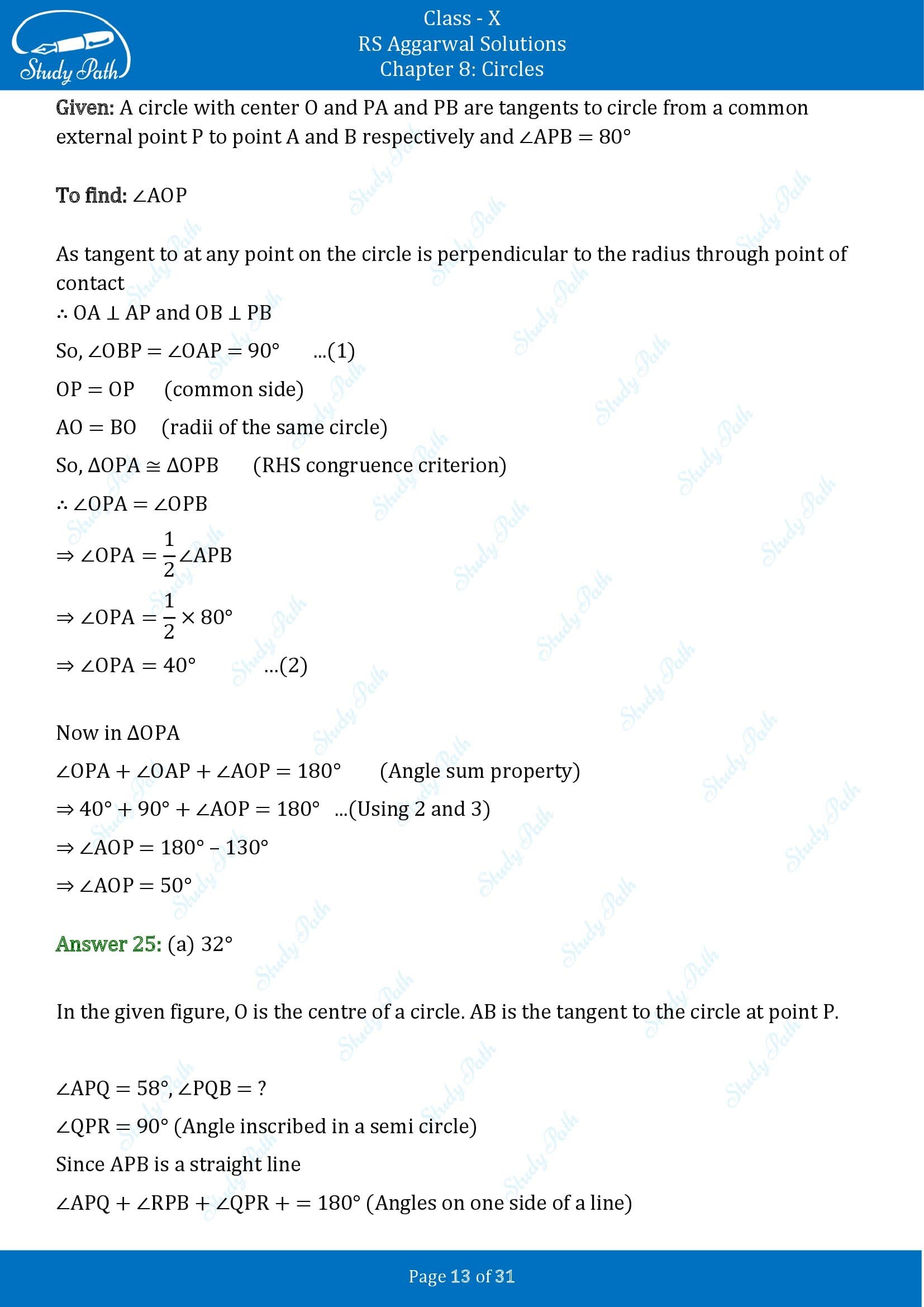 RS Aggarwal Solutions for Class 10 Chapter 8 Circles Multiple Choice Questions 8 00013