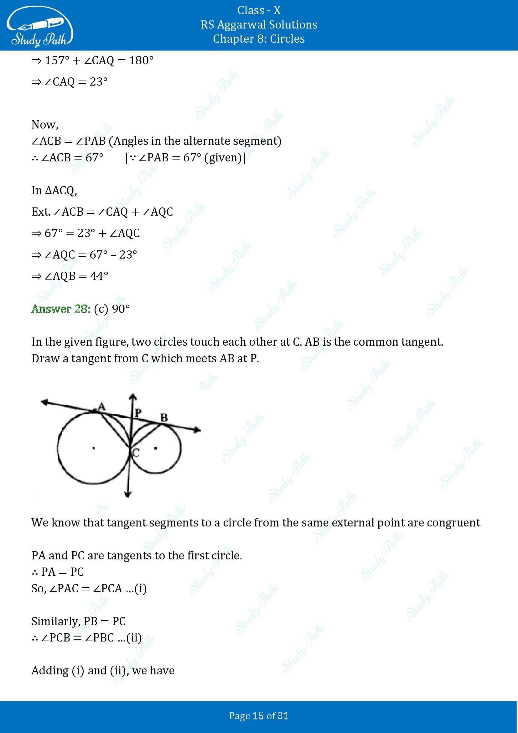 RS Aggarwal Solutions for Class 10 Chapter 8 Circles Multiple Choice Questions 8 00015