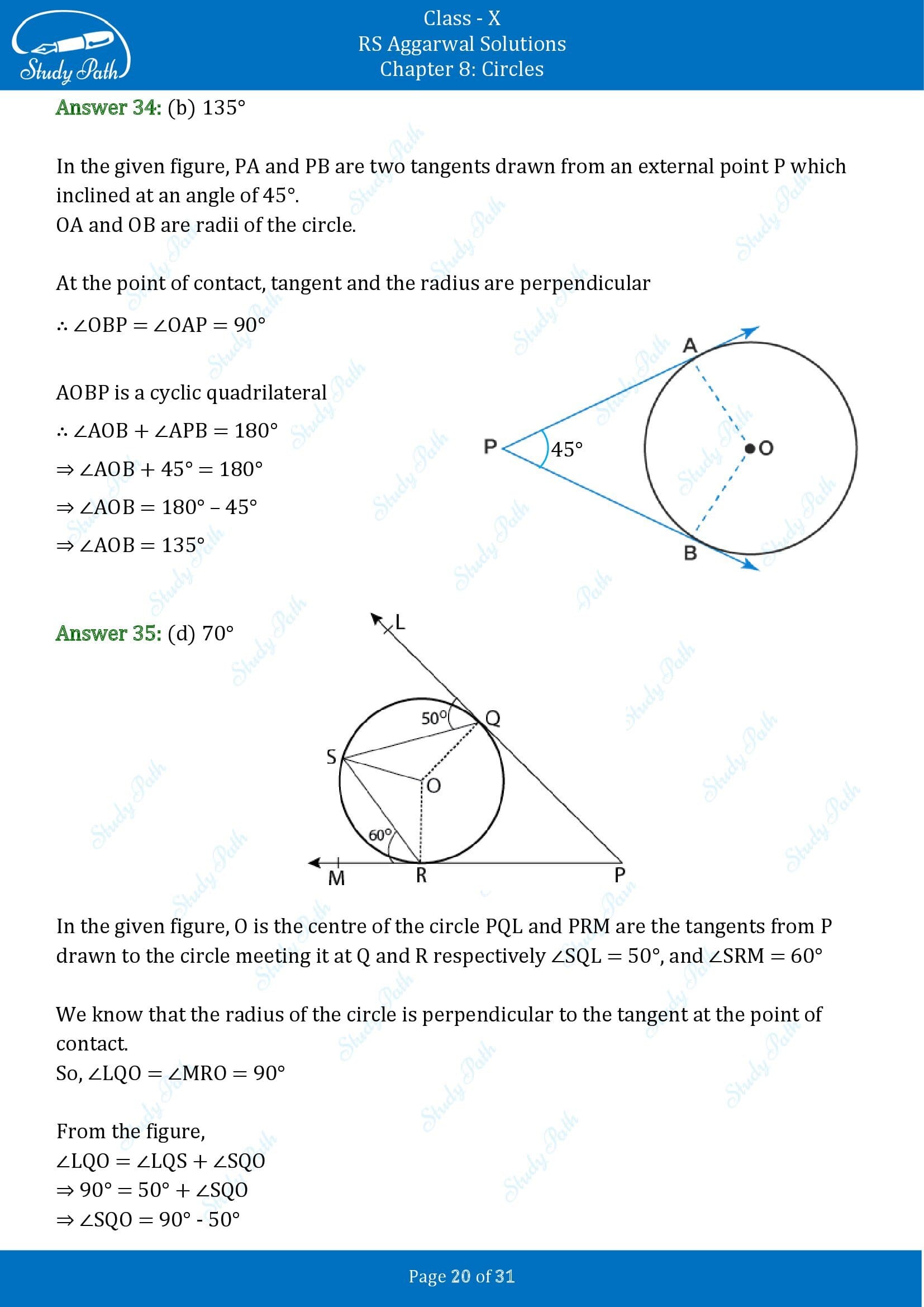 RS Aggarwal Solutions for Class 10 Chapter 8 Circles Multiple Choice Questions 8 00020