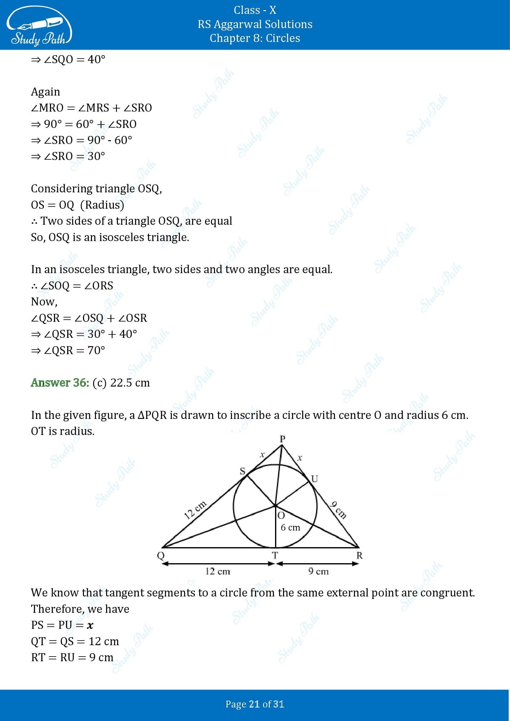 RS Aggarwal Solutions for Class 10 Chapter 8 Circles Multiple Choice Questions 8 00021