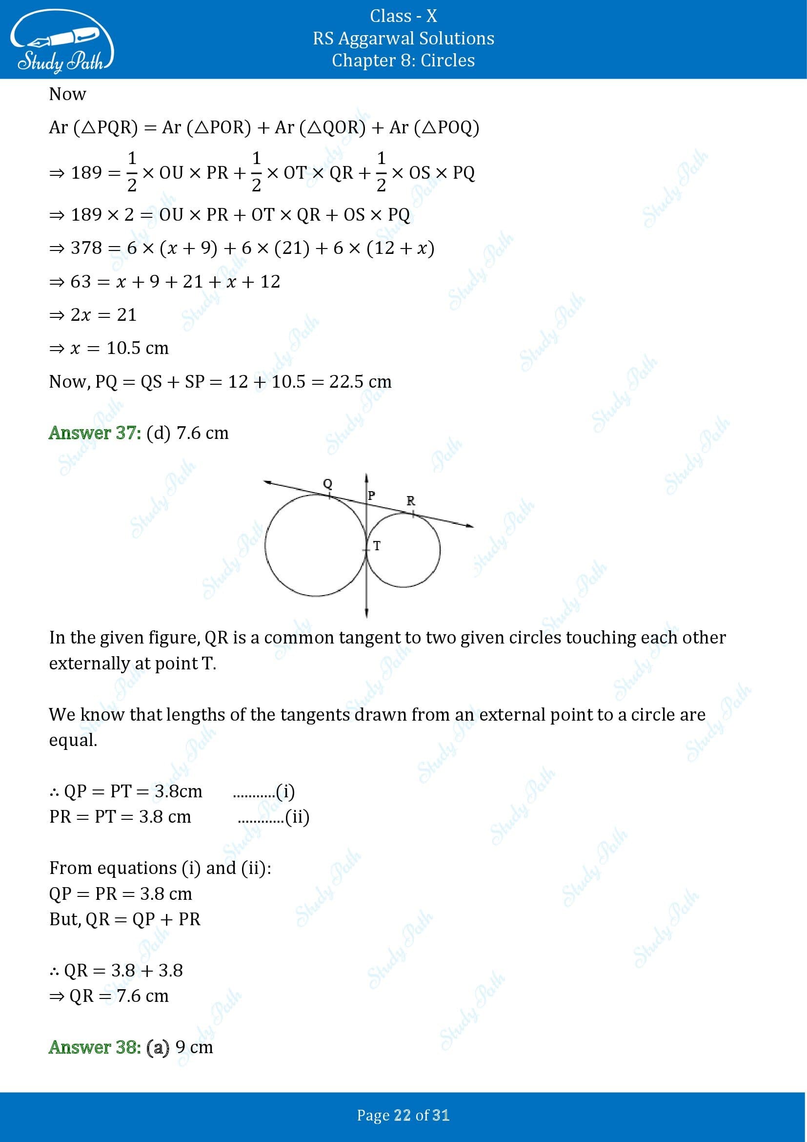 RS Aggarwal Solutions for Class 10 Chapter 8 Circles Multiple Choice Questions 8 00022