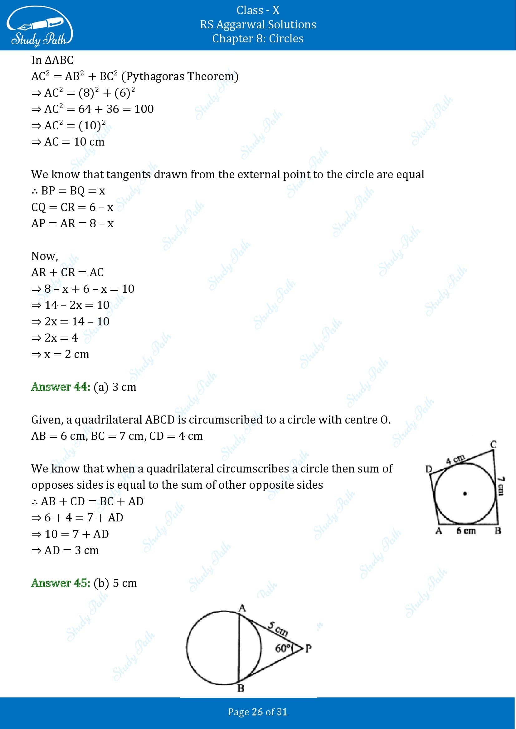 RS Aggarwal Solutions for Class 10 Chapter 8 Circles Multiple Choice Questions 8 00026