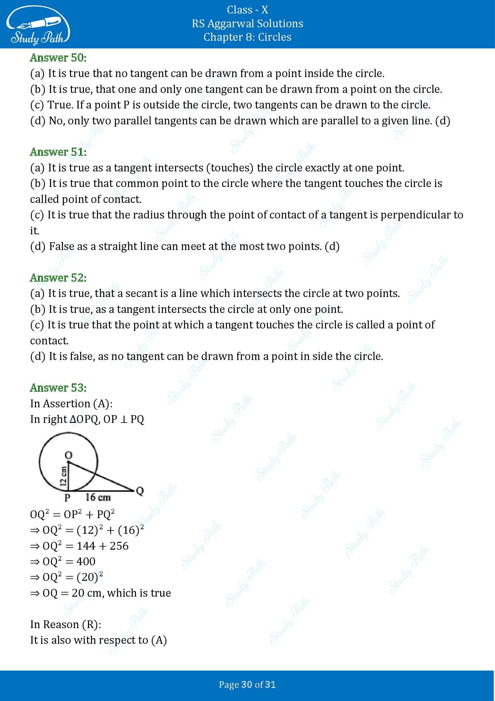 RS Aggarwal Solutions for Class 10 Chapter 8 Circles Multiple Choice Questions 8 00030