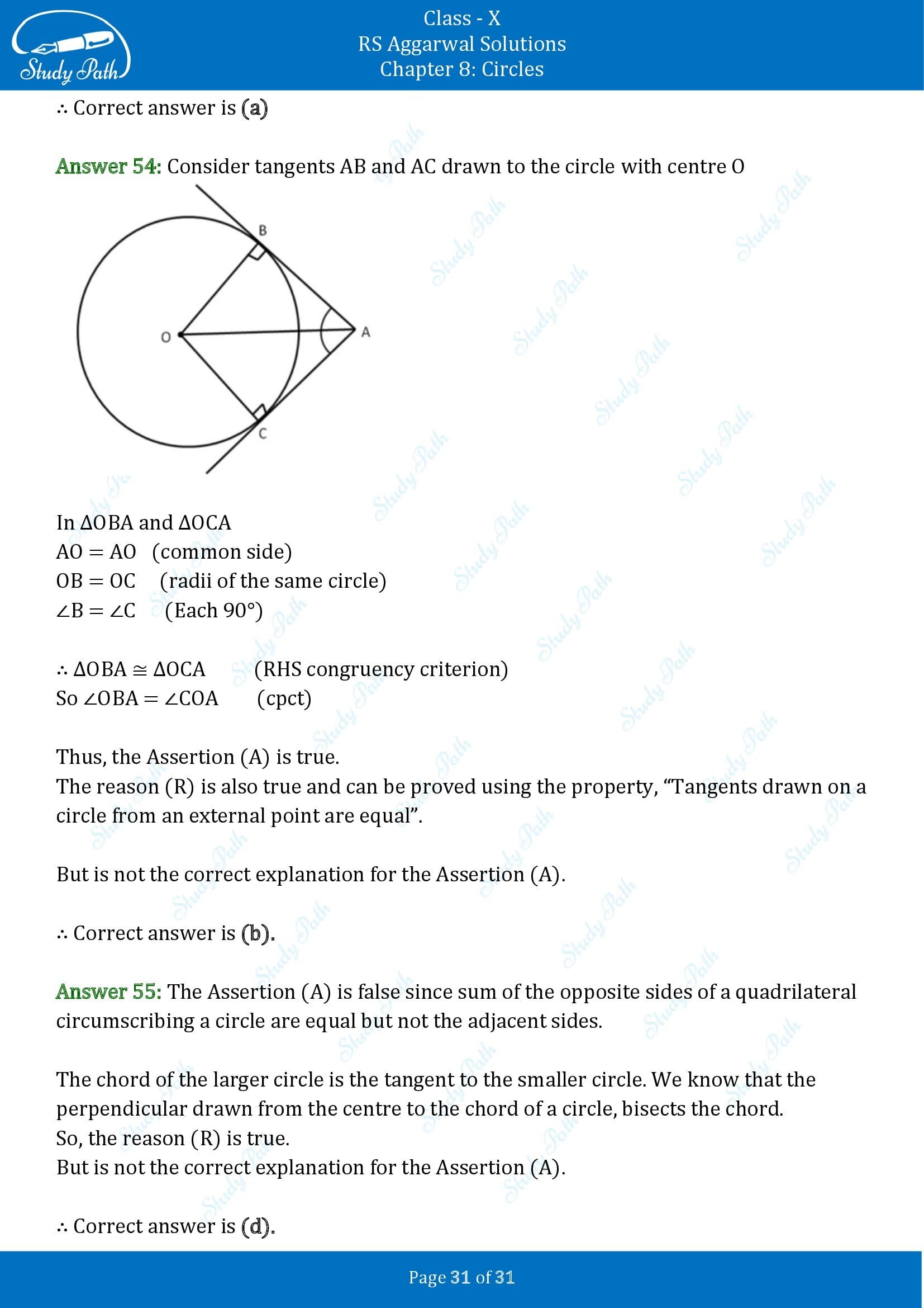 RS Aggarwal Solutions for Class 10 Chapter 8 Circles Multiple Choice Questions 8 00031