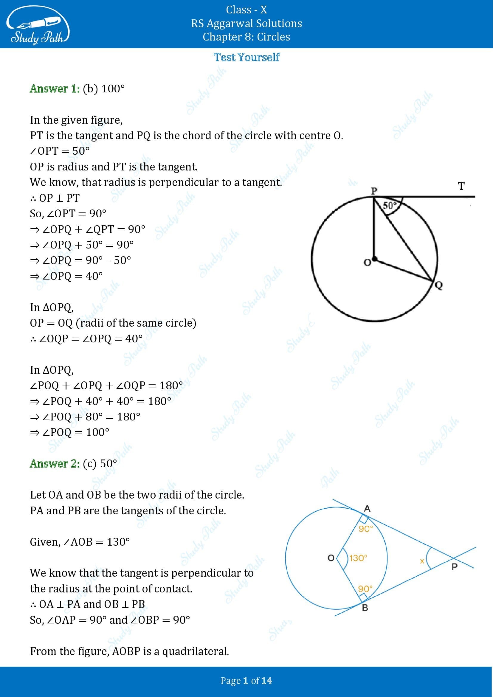 RS Aggarwal Solutions for Class 10 Chapter 8 Circles Test Yourself 8 00001