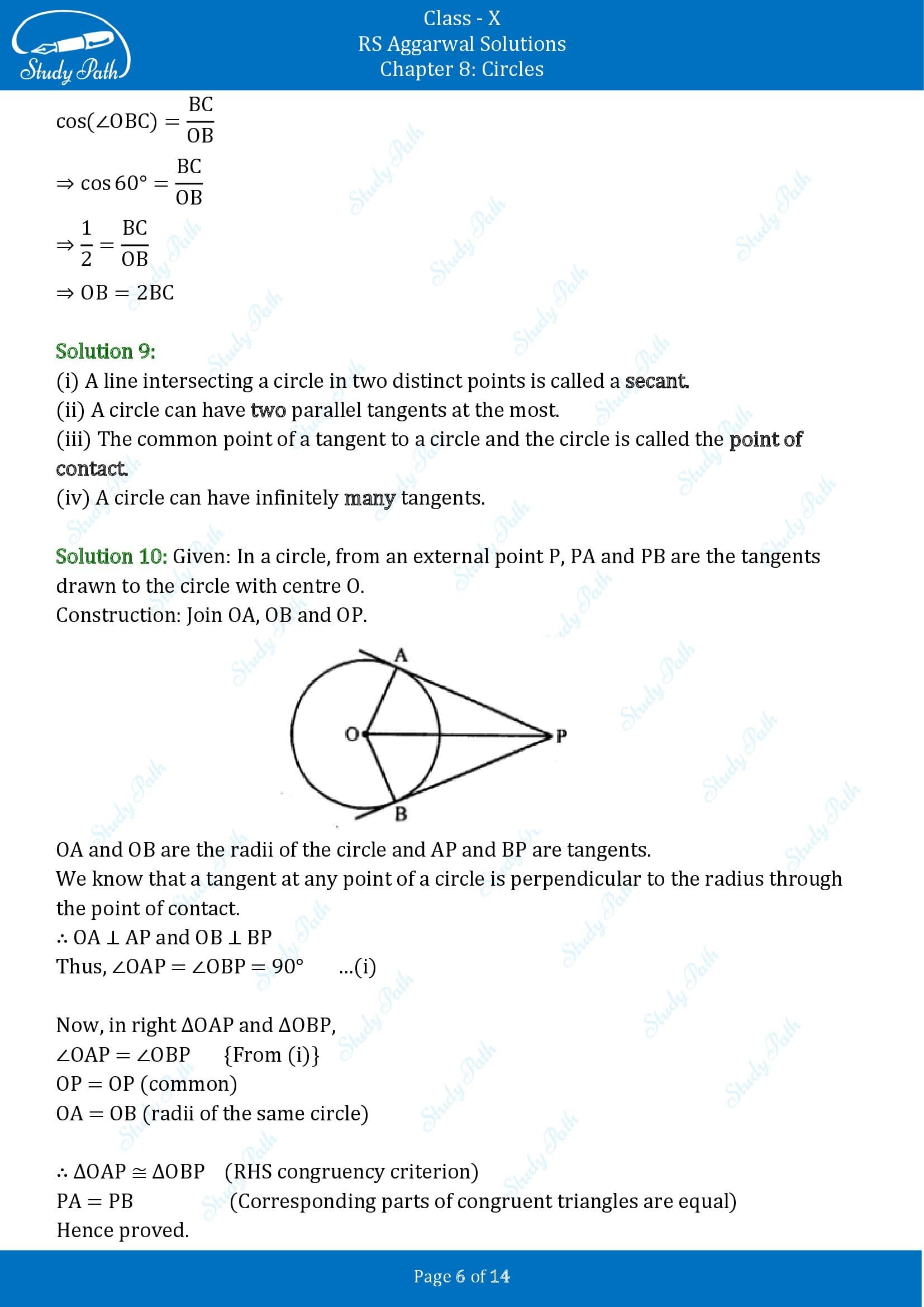 RS Aggarwal Solutions for Class 10 Chapter 8 Circles Test Yourself 8 00006