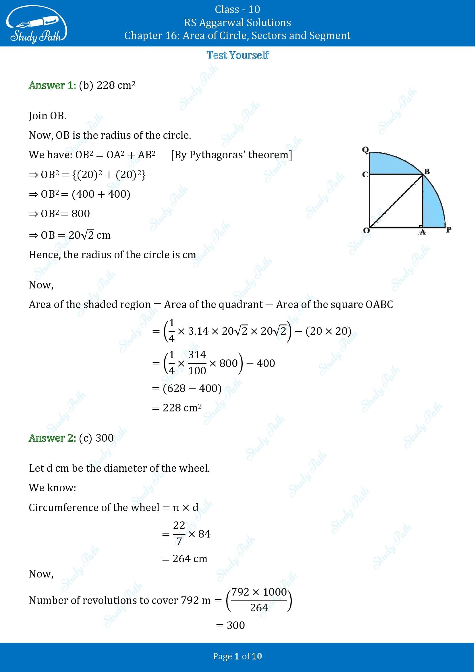 RS Aggarwal Solutions for Class 10 Chapter 16 Area of Circle Sector and Segment Test Yourself 00001