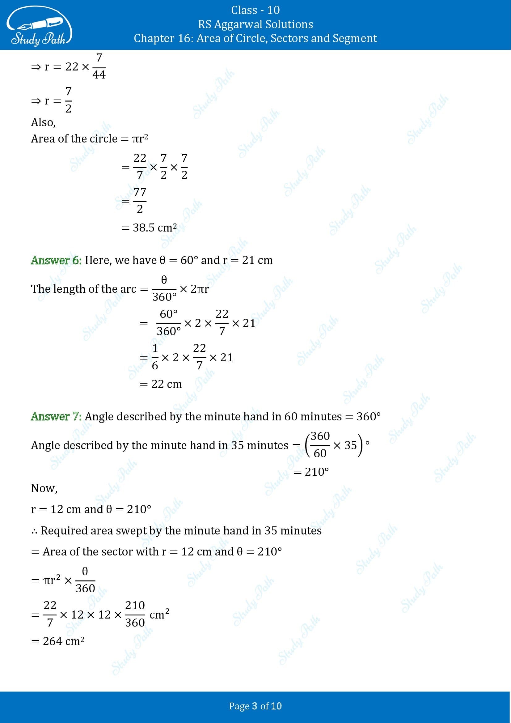 RS Aggarwal Solutions for Class 10 Chapter 16 Area of Circle Sector and Segment Test Yourself 00003