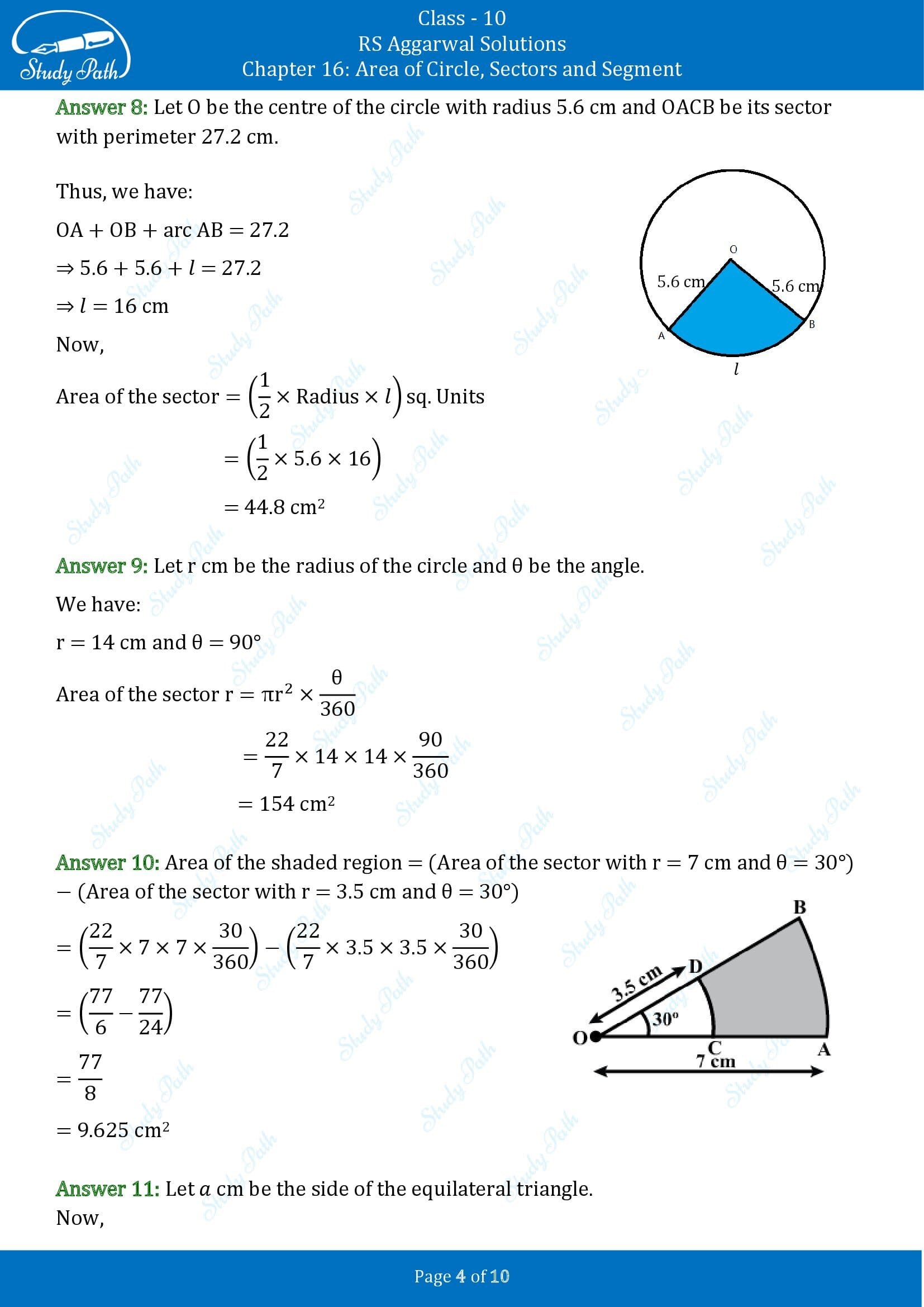 RS Aggarwal Solutions for Class 10 Chapter 16 Area of Circle Sector and Segment Test Yourself 00004