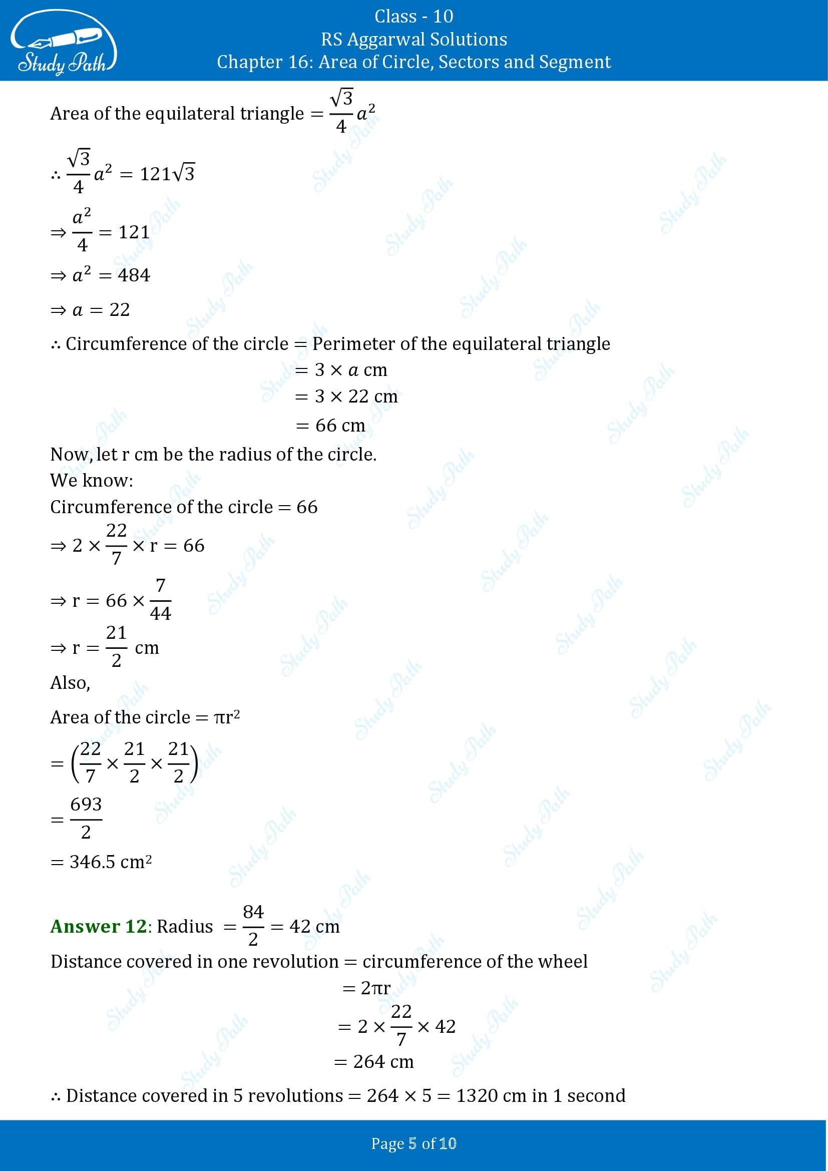 RS Aggarwal Solutions for Class 10 Chapter 16 Area of Circle Sector and Segment Test Yourself 00005