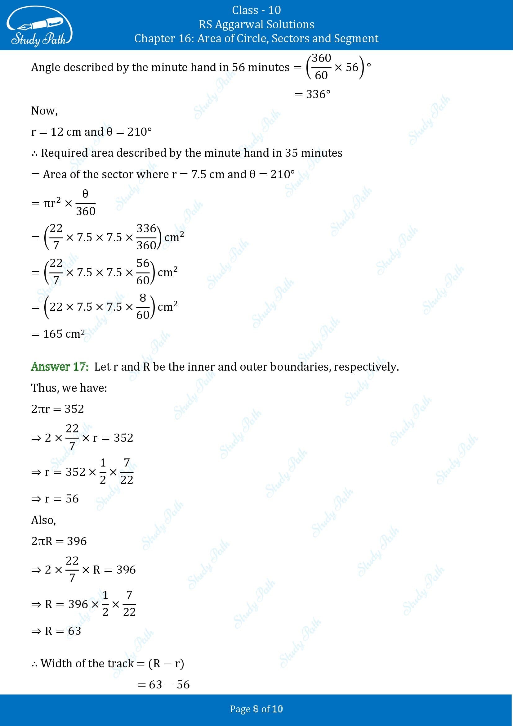 RS Aggarwal Solutions for Class 10 Chapter 16 Area of Circle Sector and Segment Test Yourself 00008