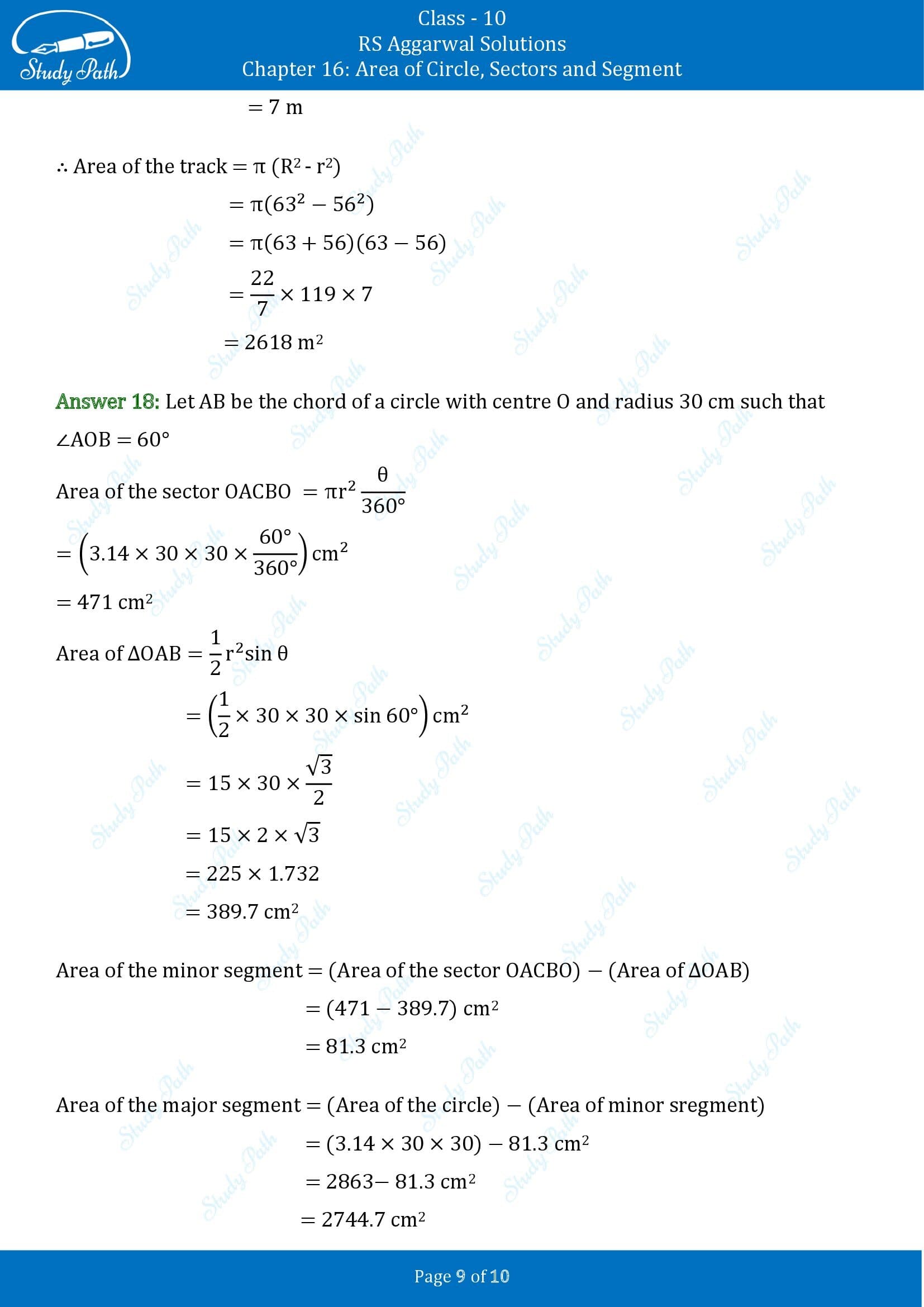 RS Aggarwal Solutions for Class 10 Chapter 16 Area of Circle Sector and Segment Test Yourself 00009